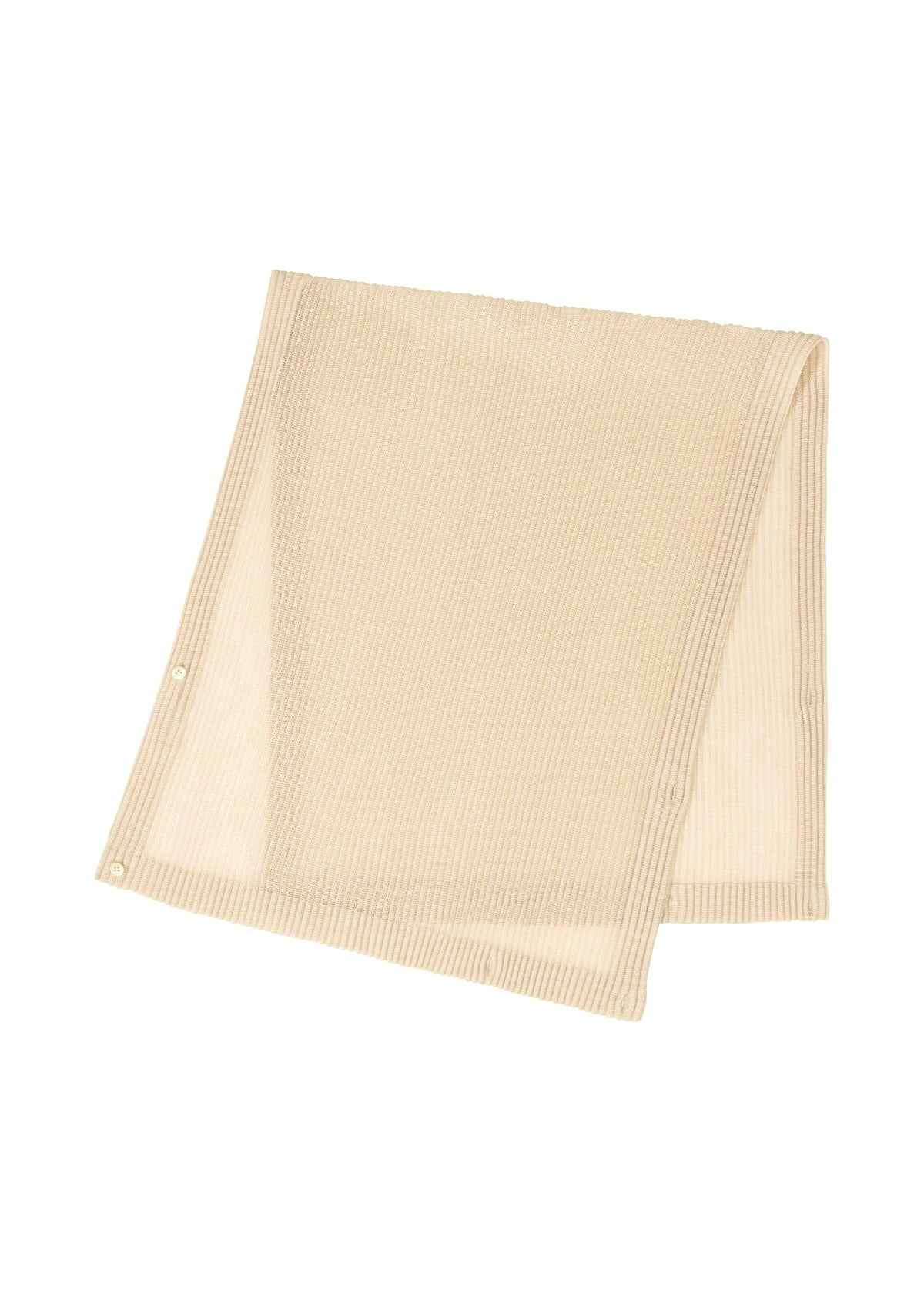 The RUSTIC MESH STOLE by HOMME PLISSÉ ISSEY MIYAKE is a beige, ribbed pleated stole with subtle stripes and small snap buttons along one edge, shown folded on a white background. view 2 of 6