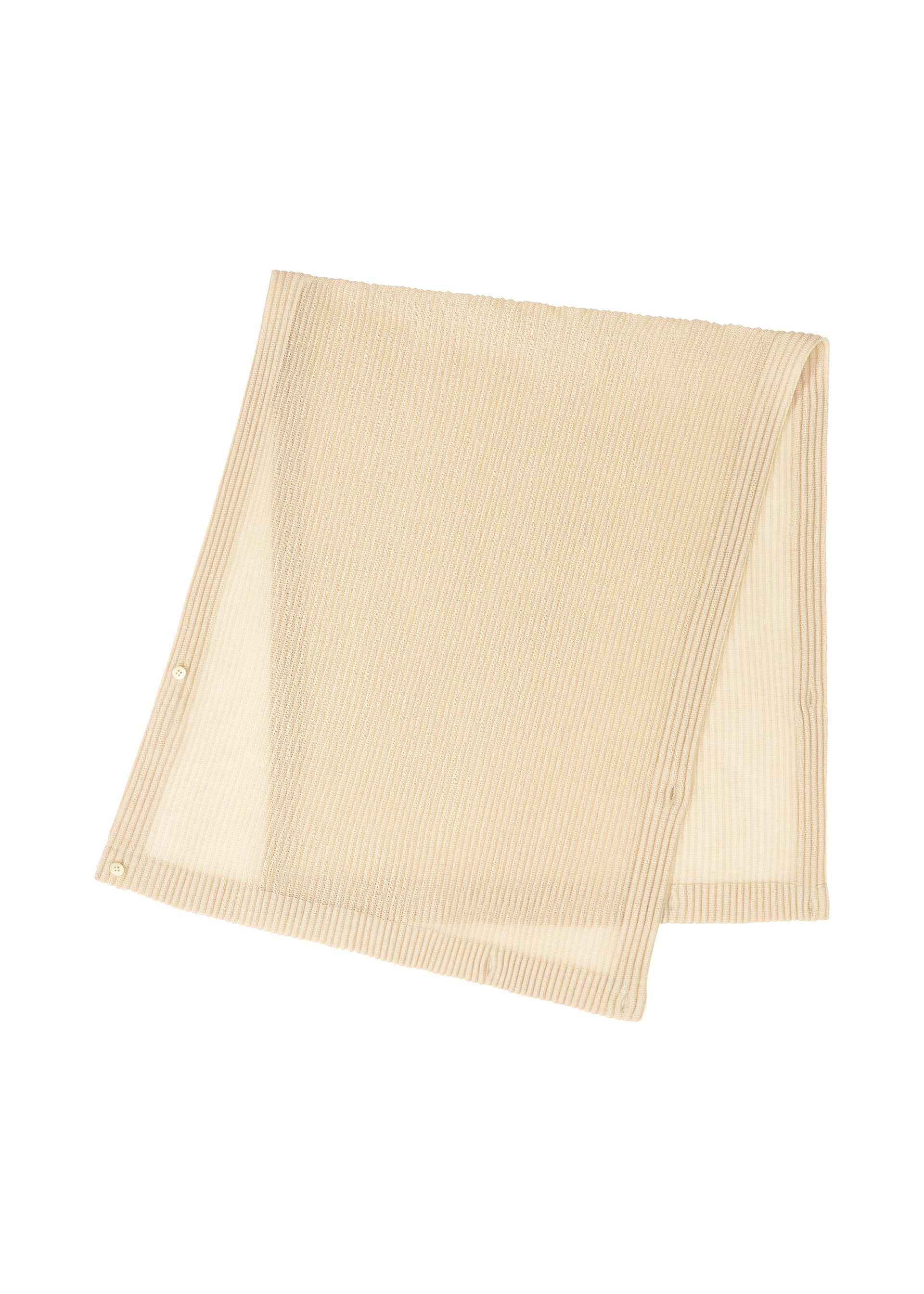 Zoomed view The RUSTIC MESH STOLE by HOMME PLISSÉ ISSEY MIYAKE is a beige, ribbed pleated stole with subtle stripes and small snap buttons along one edge, shown folded on a white background. - IVORY （no.41）