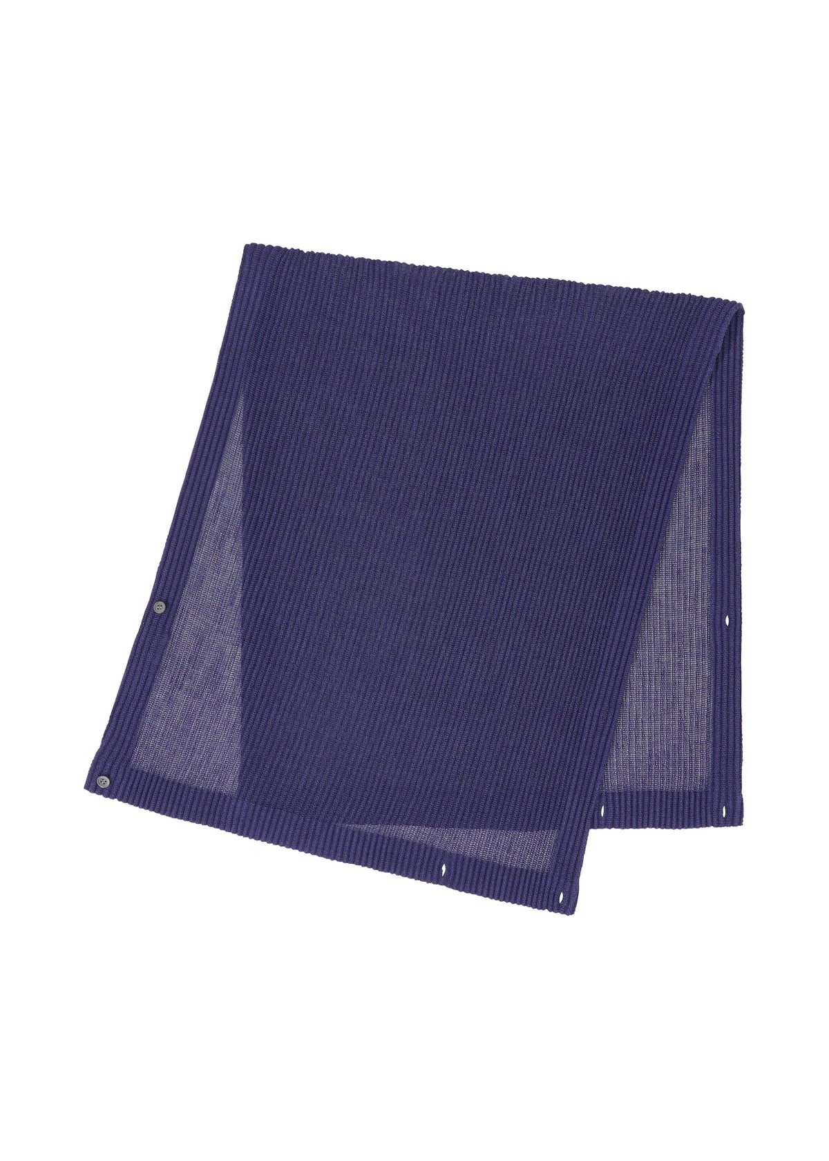The RUSTIC MESH STOLE by HOMME PLISSÉ ISSEY MIYAKE is a navy blue, pleated rectangular stole with ribbed texture and snap buttons along the edges, displayed flat on a white background. view 3 of 6