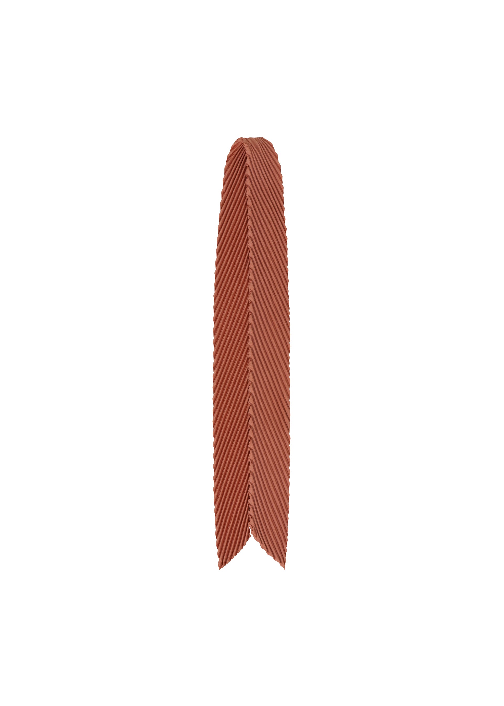 Zoomed view A single piece of uncooked mafaldine pasta with a reddish-brown color, ridged texture, and a V-shaped end is displayed on a white background—its pleated form evocative of the PLEATS STOLE by HOMME PLISSÉ ISSEY MIYAKE. - VERMILLION （no.36）