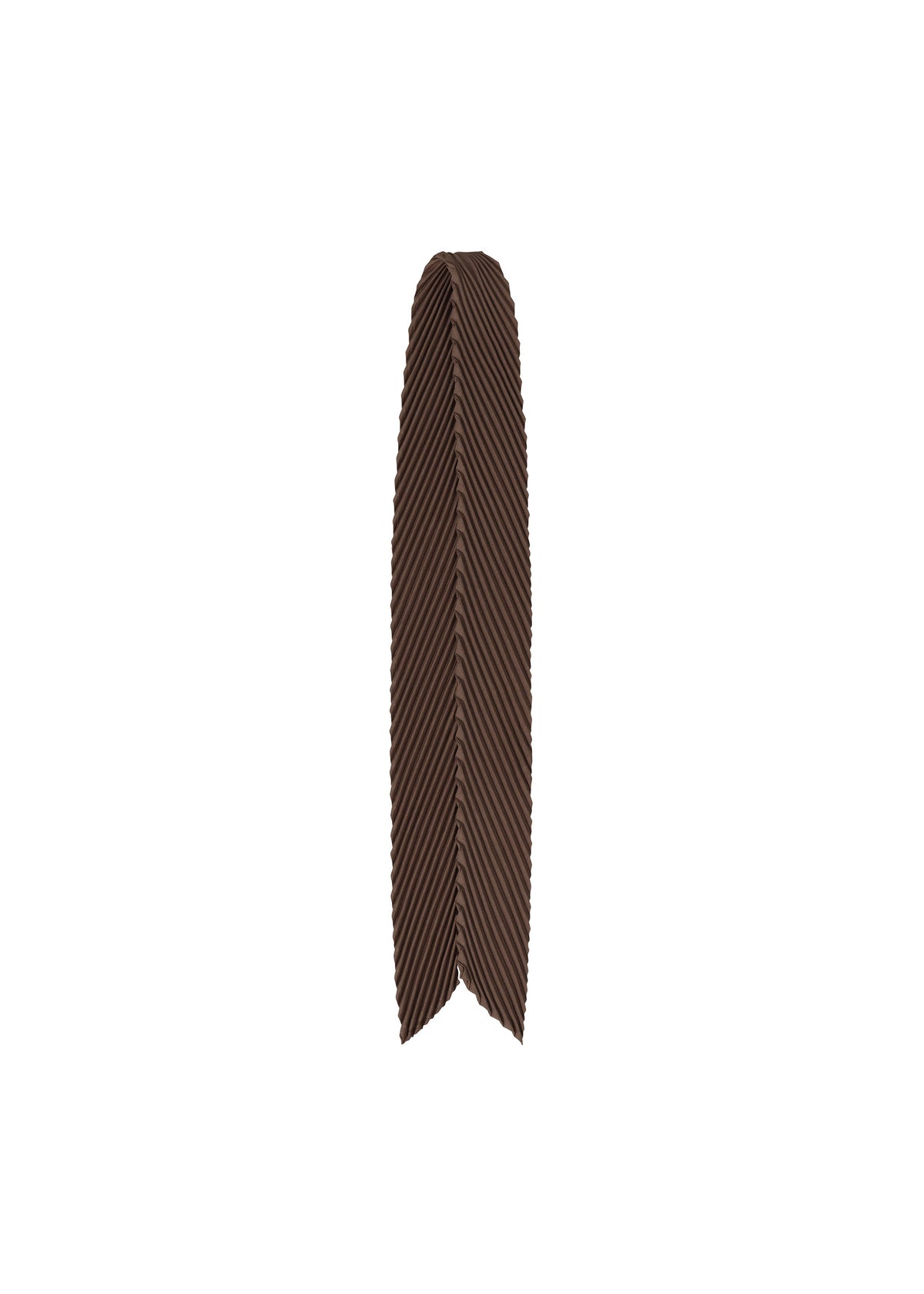 Centered on a white background, the PLEATS STOLE by HOMME PLISSÉ ISSEY MIYAKE features a single brown feather with a textured, striped pattern—making it an ideal and unique accent for your bag or a striking neck accessory. view 2 of 6