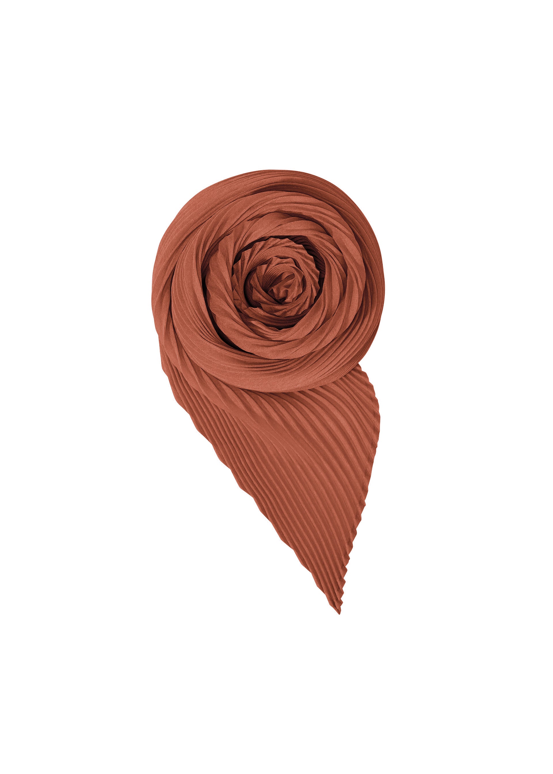 Zoomed view The PLEATS STOLE by HOMME PLISSÉ ISSEY MIYAKE is rolled into a neat, circular shape, with its ends coming to a pointed tip. Crafted from finely pleated fabric in a rust hue, this soft-textured accessory brings versatile elegance to any outfit. - VERMILLION （no.36）