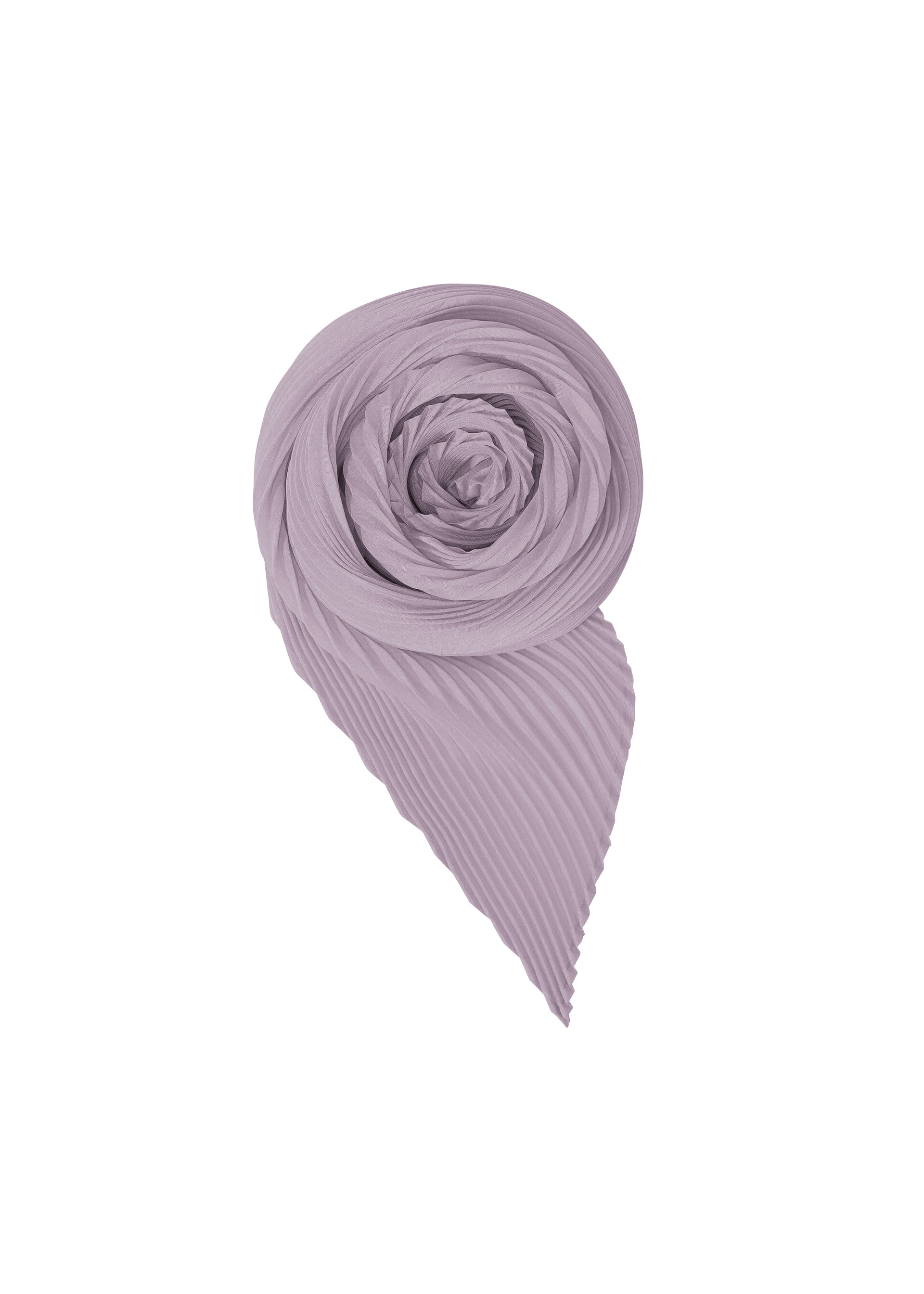 Zoomed view The PLEATS STOLE by HOMME PLISSÉ ISSEY MIYAKE, shown neatly rolled in a spiral with a pointed end visible against a white background, is a versatile accessory that brings an elegant touch to any outfit. - PURPLE （no.81）