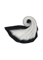 The FRAMEWORK : CHUSEN STOLE by HOMME PLISSÉ ISSEY MIYAKE features pleated fabric in black, white, and gray gradients with a natural texture, artfully spiraled to resemble a seashell or stylized leaf on a white background.
