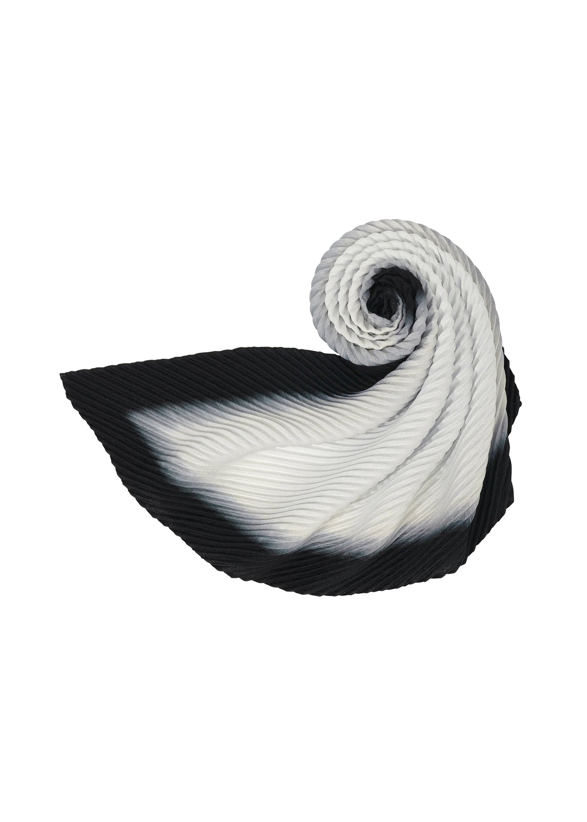 Zoomed view The FRAMEWORK : CHUSEN STOLE by HOMME PLISSÉ ISSEY MIYAKE features pleated fabric in black, white, and gray gradients with a natural texture, artfully spiraled to resemble a seashell or stylized leaf on a white background.