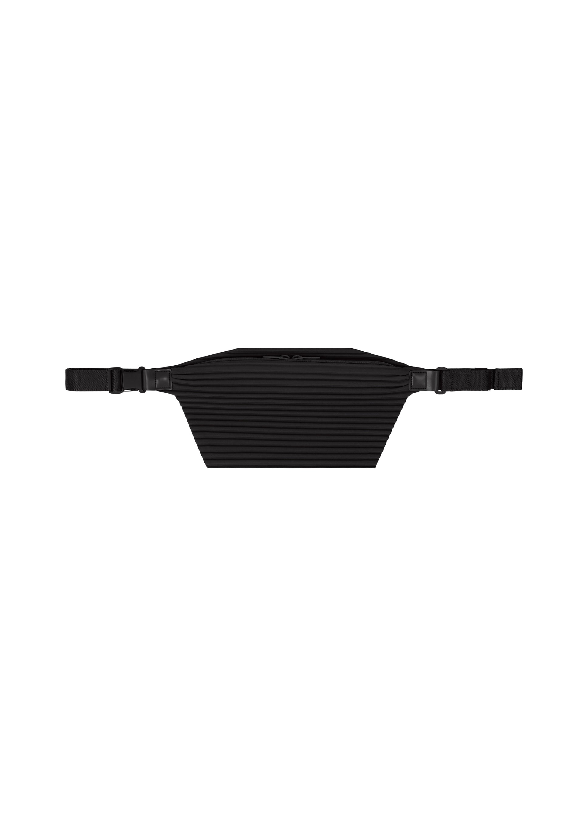 Zoomed view The PLEATS SLIM BAG by HOMME PLISSÉ ISSEY MIYAKE is a black, rectangular minimalist bag with horizontal textured lines and adjustable straps on each side, displayed against a white background. This small shoulder bag features a versatile two-way design for added convenience. - BLACK （no.15）