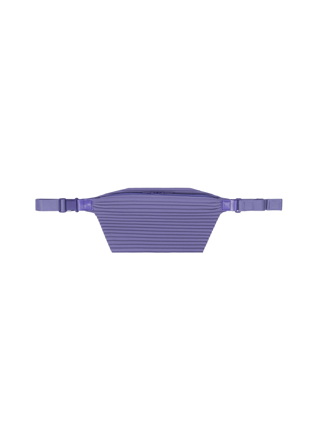 The PLEATS SLIM BAG by HOMME PLISSÉ ISSEY MIYAKE is a purple, rectangular bag crafted from ribbed fabric, featuring adjustable straps with plastic buckles. Shown from the front against a white background, this minimalist accessory offers a versatile two-way design that can be worn as either a compact shoulder bag or around the waist for adaptable styling. view 2 of 5