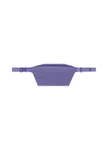 The PLEATS SLIM BAG by HOMME PLISSÉ ISSEY MIYAKE is a purple, rectangular bag crafted from ribbed fabric, featuring adjustable straps with plastic buckles. Shown from the front against a white background, this minimalist accessory offers a versatile two-way design that can be worn as either a compact shoulder bag or around the waist for adaptable styling. - BLUE PURPLE （no.78）