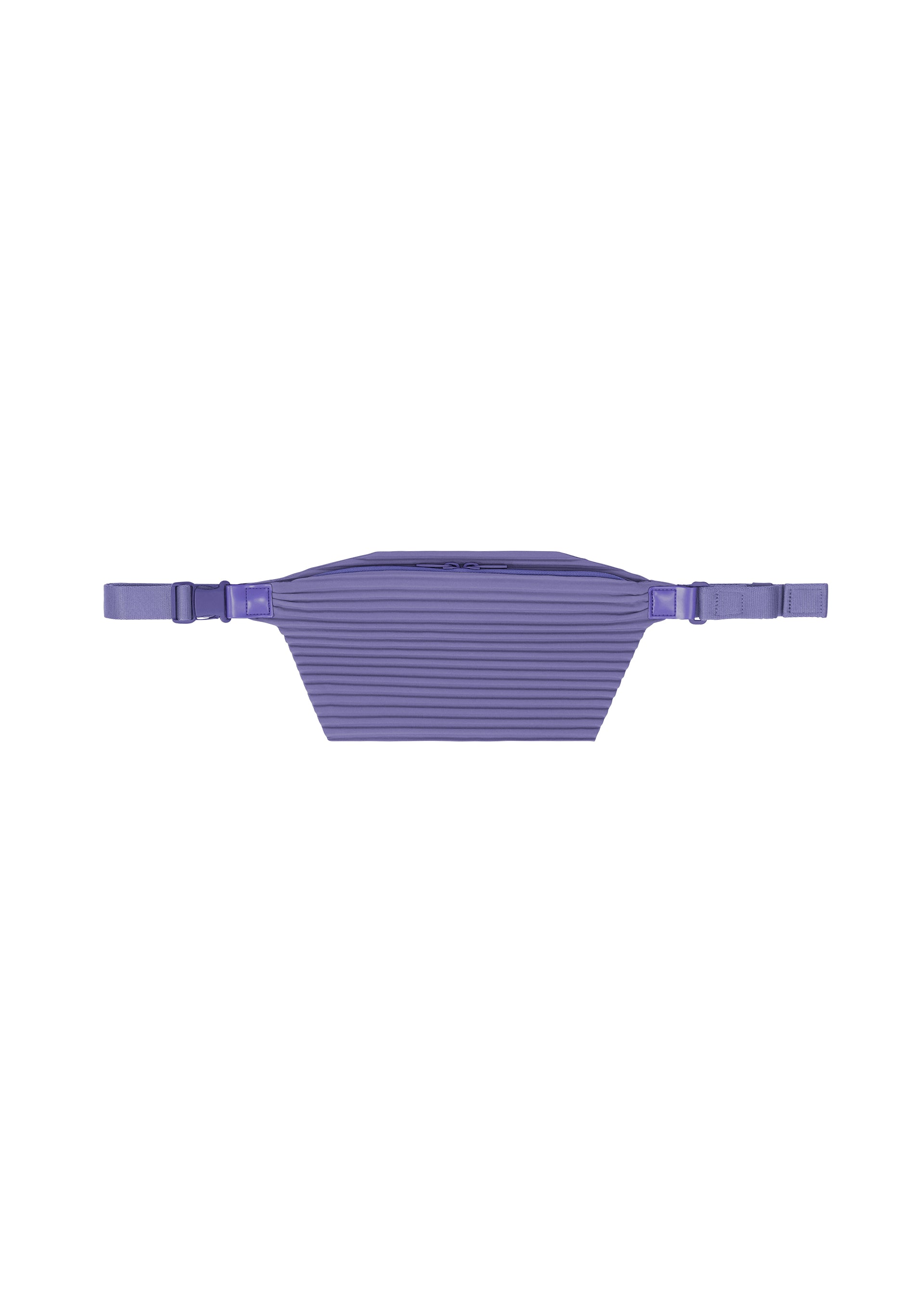 Zoomed view The PLEATS SLIM BAG by HOMME PLISSÉ ISSEY MIYAKE is a purple, rectangular bag crafted from ribbed fabric, featuring adjustable straps with plastic buckles. Shown from the front against a white background, this minimalist accessory offers a versatile two-way design that can be worn as either a compact shoulder bag or around the waist for adaptable styling. - BLUE PURPLE （no.78）