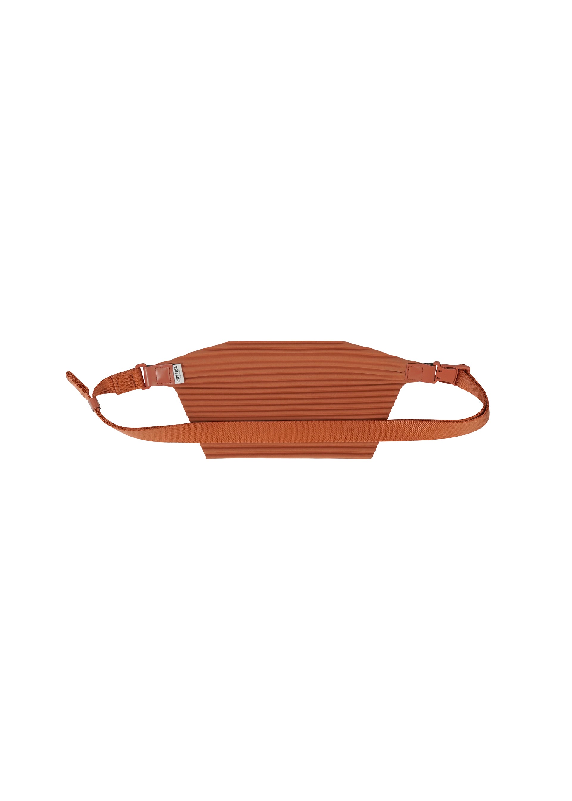 Zoomed view The PLEATS SLIM BAG by HOMME PLISSÉ ISSEY MIYAKE is a brown, ribbed belt bag with an adjustable strap and buckle, shown against a white background. Featuring a slim, minimalist design, this versatile accessory can also be worn as a small shoulder bag for added functionality.