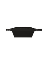 The PLEATS SLIM BAG by HOMME PLISSÉ ISSEY MIYAKE—a black, ribbed fabric waist bag with side buckles—is displayed against a white background. This lightweight, flat rectangular design features a top-edge zipper. - BLACK （no.15）