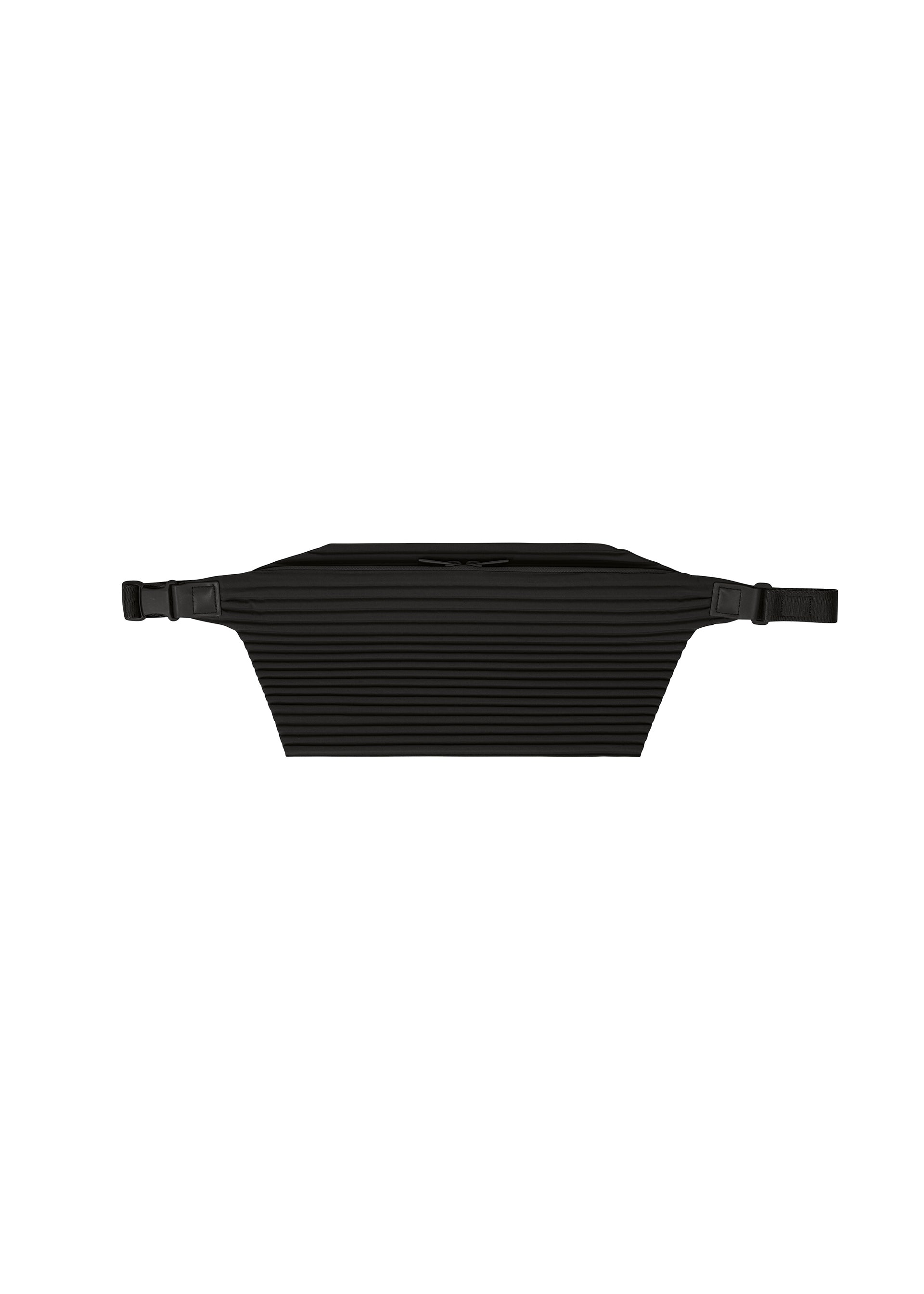 Zoomed view The PLEATS SLIM BAG by HOMME PLISSÉ ISSEY MIYAKE—a black, ribbed fabric waist bag with side buckles—is displayed against a white background. This lightweight, flat rectangular design features a top-edge zipper. - BLACK （no.15）