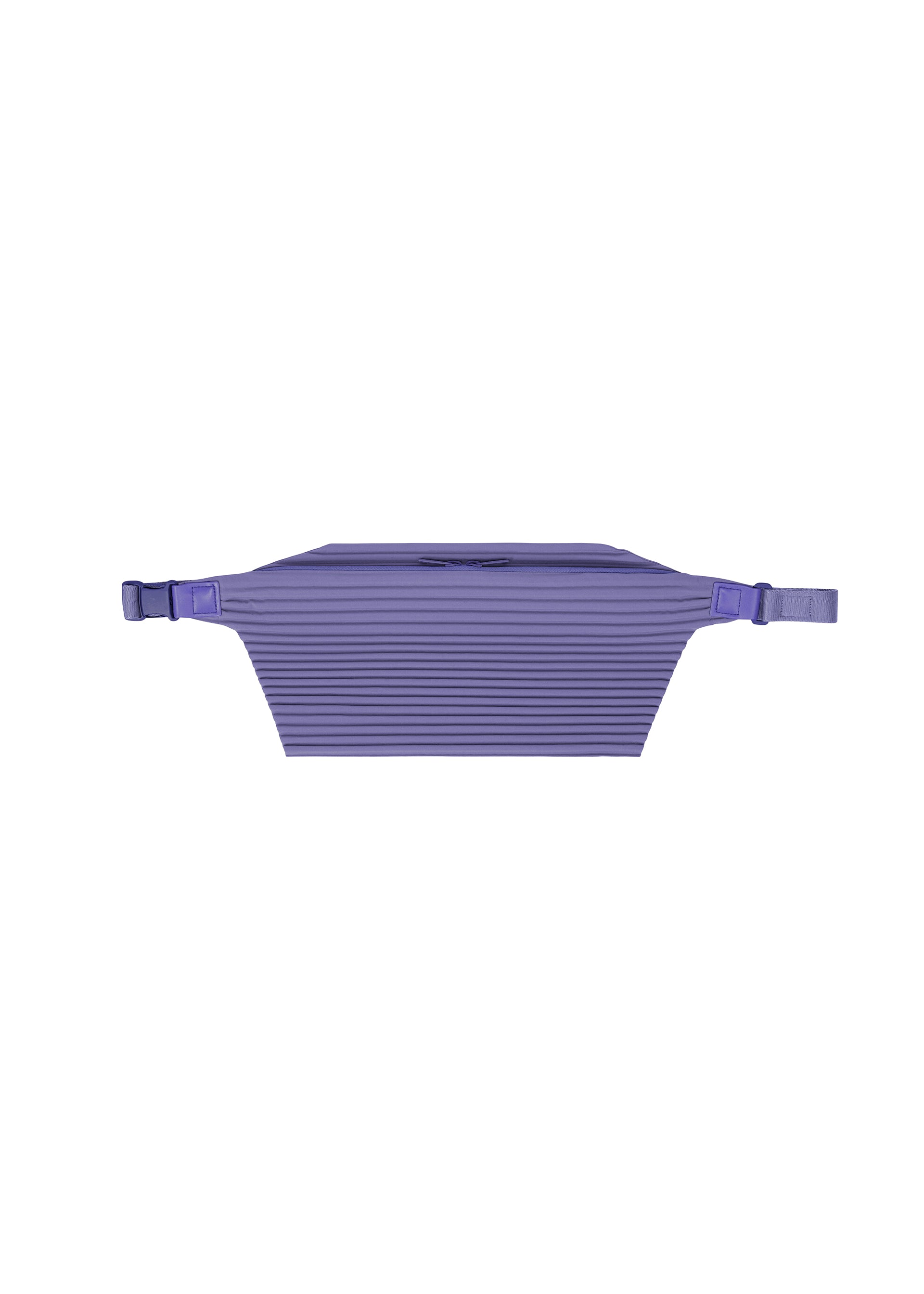 Zoomed view The PLEATS SLIM BAG by HOMME PLISSÉ ISSEY MIYAKE is a purple, rectangular belt bag crafted from ribbed fabric with plastic side buckles. Displayed against a white background, it features a top horizontal zipper and a lightweight design, making it ideal for use as either a waist or shoulder bag. - BLUE PURPLE （no.78）