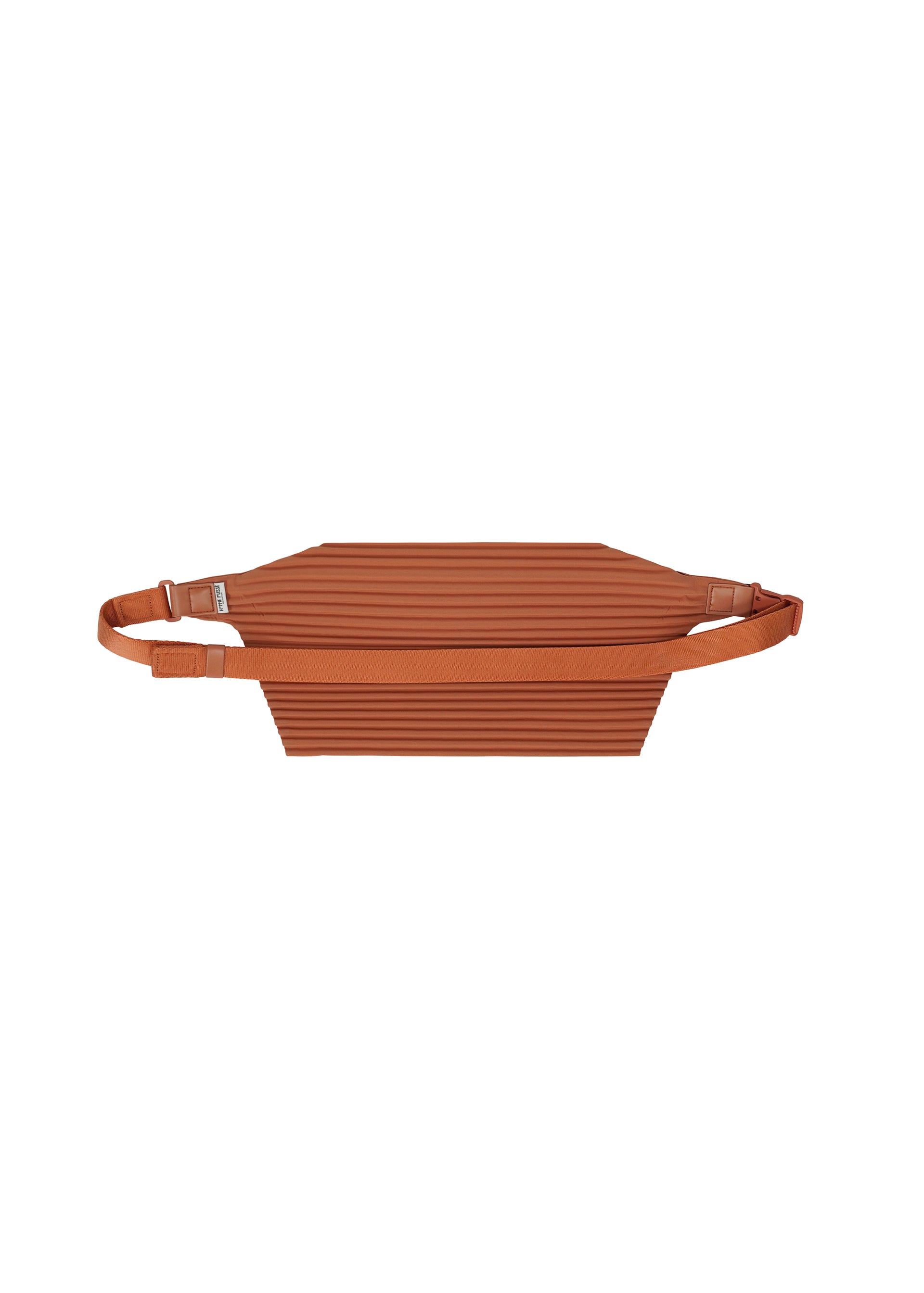 Zoomed view The PLEATS SLIM BAG by HOMME PLISSÉ ISSEY MIYAKE is a flat, rectangular shoulder bag in rust color, featuring a ribbed texture, an adjustable strap, and a lightweight design, shown against a white background.