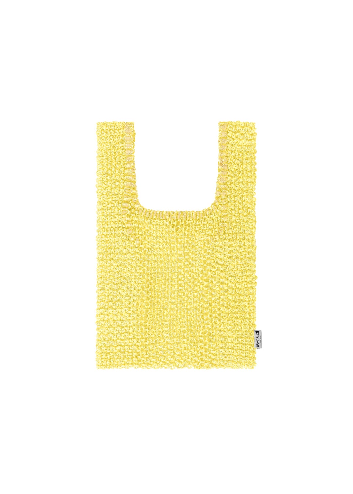 A small, rectangular MESH PLEATS BAG by HOMME PLISSÉ ISSEY MIYAKE in yellow, handwoven with a knit mesh texture and short handles. Exhibiting a minimalist design, the bag includes a subtle label tag on the right side and is photographed against a white background. view 2 of 7