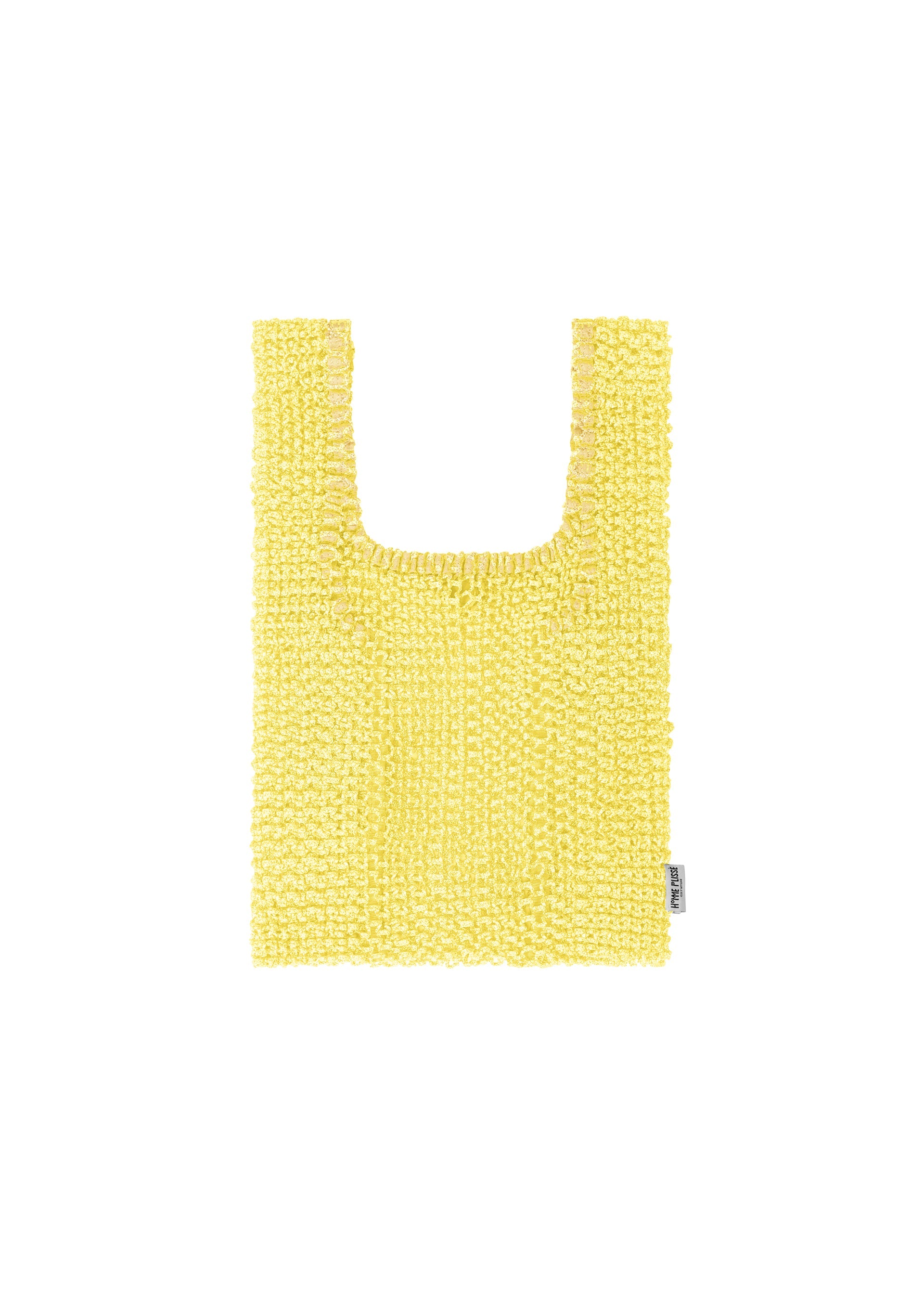 Zoomed view A small, rectangular MESH PLEATS BAG by HOMME PLISSÉ ISSEY MIYAKE in yellow, handwoven with a knit mesh texture and short handles. Exhibiting a minimalist design, the bag includes a subtle label tag on the right side and is photographed against a white background. - YELLOW （no.52）