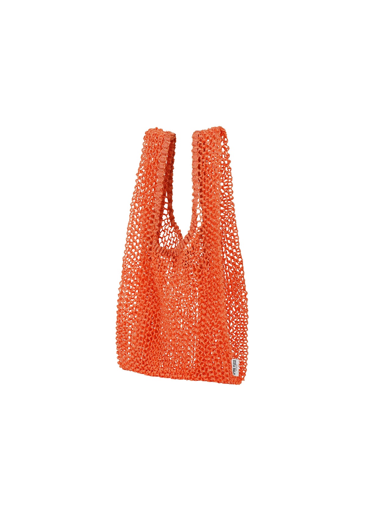 The MESH PLEATS BAG by HOMME PLISSÉ ISSEY MIYAKE is a vivid orange tote crafted from pleated polyester with an open-weave, net-like construction and two handles, shown here against a white background—a striking exemplar of minimalist design. view 4 of 7