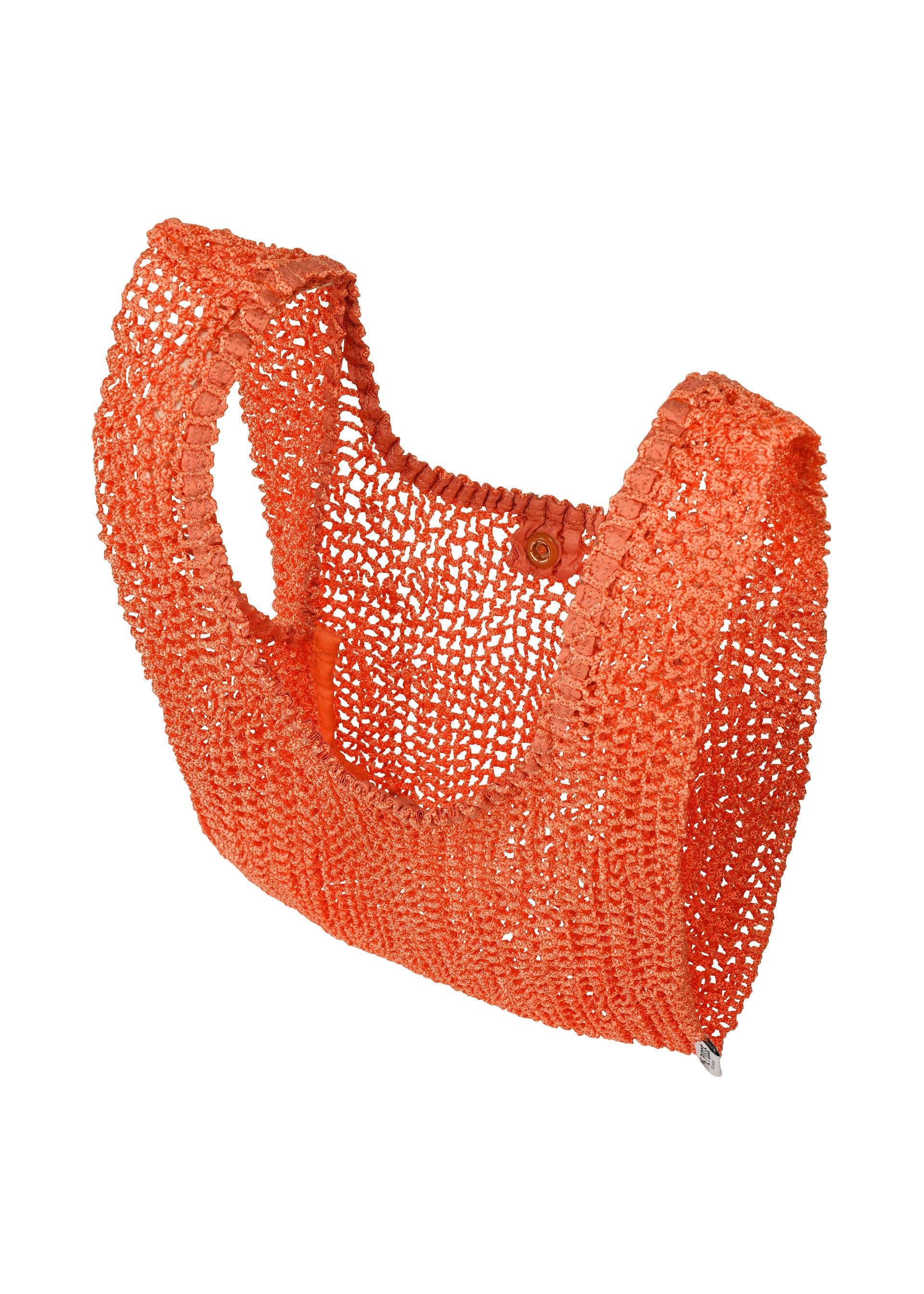 Zoomed view The MESH PLEATS BAG by HOMME PLISSÉ ISSEY MIYAKE is an orange, open-weave crocheted shoulder bag with wide straps, displayed against a plain white background. Lightweight and flexible, its minimalist design makes it ideal for casual outings or shopping.