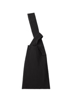 The UMBRELLA PLEATS BAG by HOMME PLISSÉ ISSEY MIYAKE is a black pleated tote featuring a single wide strap and a distinctive knot detail near the top; thoughtfully designed to serve as both an elegant handbag and a functional umbrella holder, it is showcased against a clean white background. - BLACK （no.15）