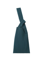 The UMBRELLA PLEATS BAG by HOMME PLISSÉ ISSEY MIYAKE is a teal pleated fabric handbag featuring a wide, twisted strap and two buttons near the opening, displayed on a white background, and thoughtfully designed with an integrated umbrella holder for enhanced functionality. - SHADOW BLUE （no.76）