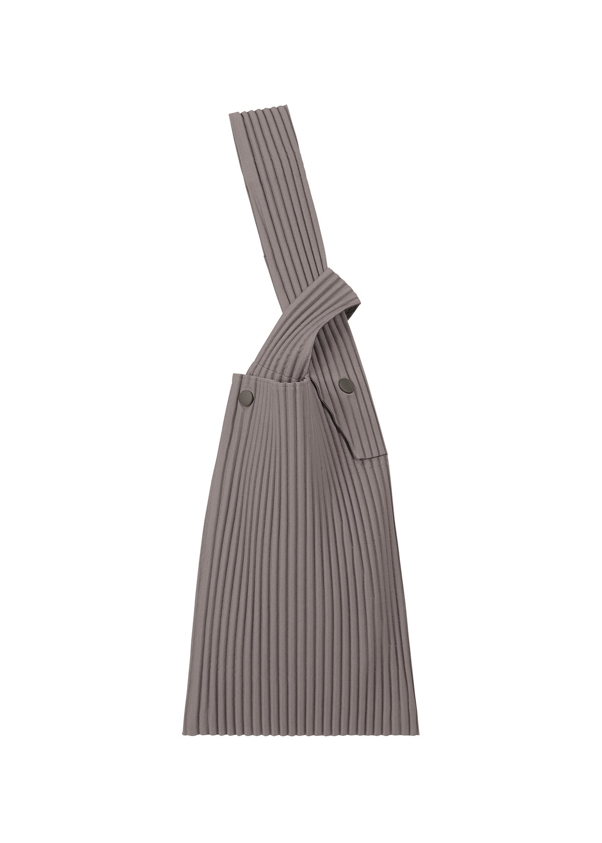 The UMBRELLA PLEATS BAG by HOMME PLISSÉ ISSEY MIYAKE is a taupe, pleated fabric handbag featuring an asymmetrical knotted strap, two buttons near the top, and a discreet umbrella holder detail, shown against a white background. view 3 of 10
