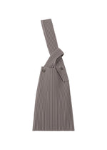 The UMBRELLA PLEATS BAG by HOMME PLISSÉ ISSEY MIYAKE is a taupe, pleated fabric handbag featuring an asymmetrical knotted strap, two buttons near the top, and a discreet umbrella holder detail, shown against a white background. - GRAY PURPLE （no.85）