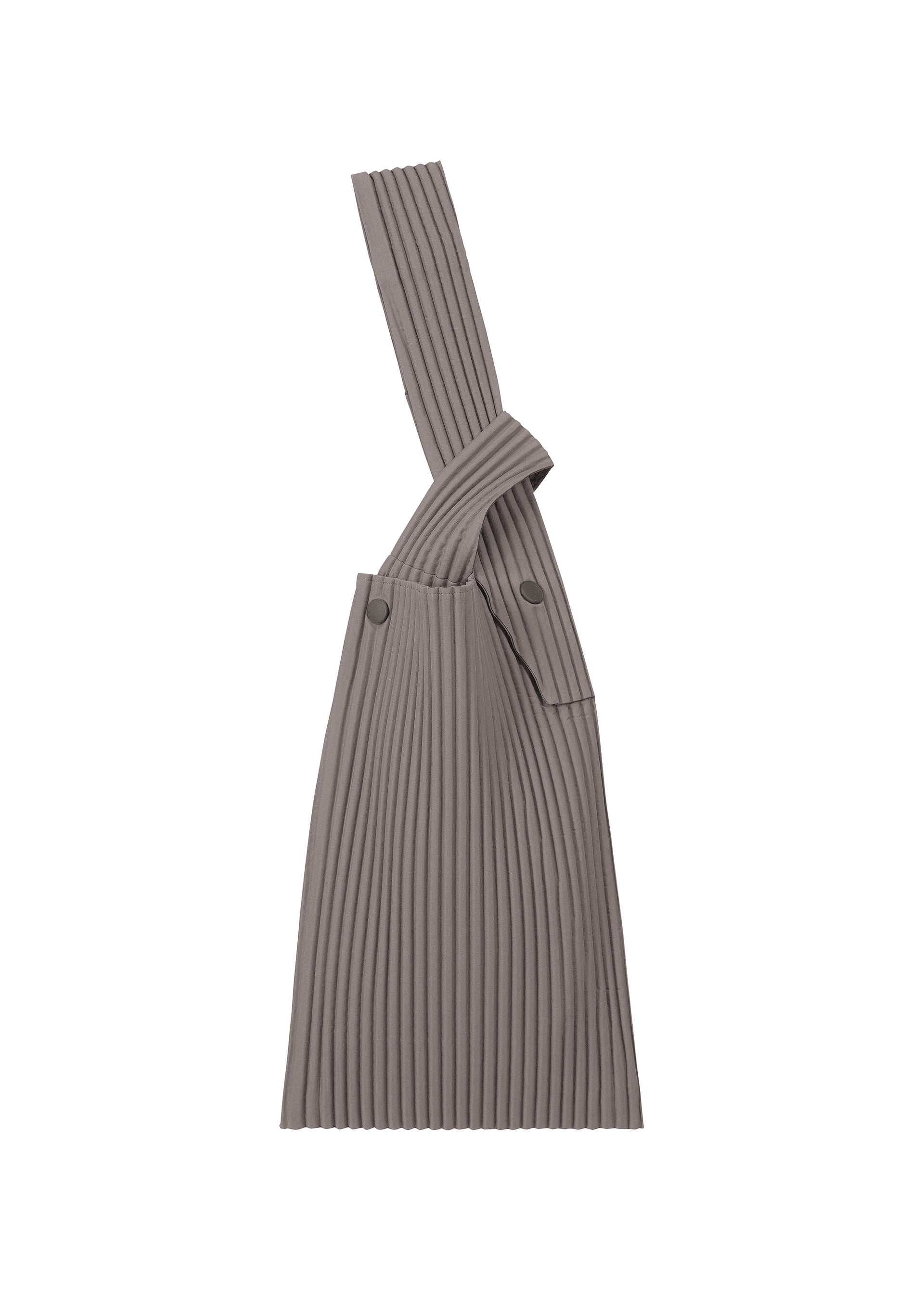 Zoomed view The UMBRELLA PLEATS BAG by HOMME PLISSÉ ISSEY MIYAKE is a taupe, pleated fabric handbag featuring an asymmetrical knotted strap, two buttons near the top, and a discreet umbrella holder detail, shown against a white background. - GRAY PURPLE （no.85）