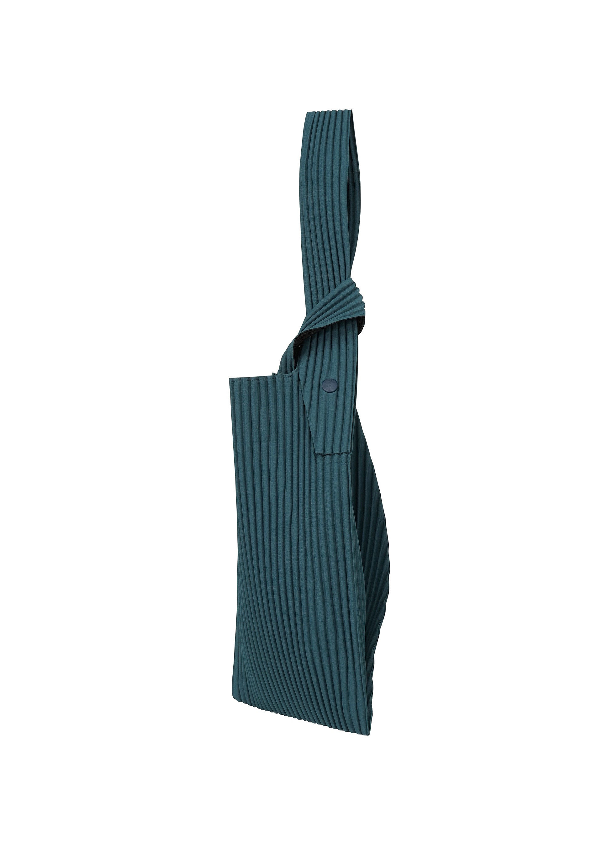 Zoomed view The UMBRELLA PLEATS BAG by HOMME PLISSÉ ISSEY MIYAKE is a teal, pleated fabric tote with a single wide strap, shown upright against a white background, and features an integrated umbrella holder for added convenience.