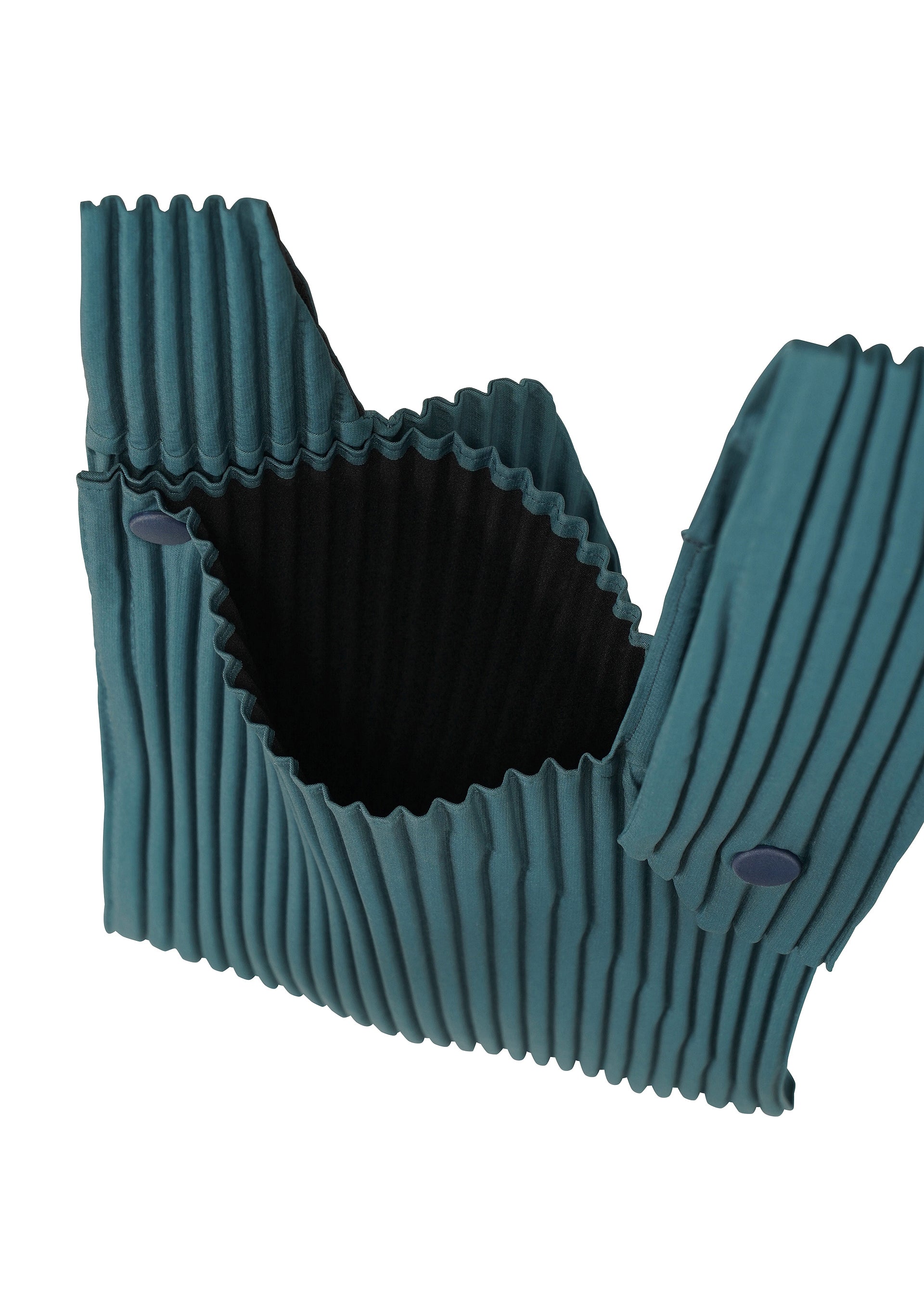 Zoomed view The UMBRELLA PLEATS BAG by HOMME PLISSÉ ISSEY MIYAKE is a teal, pleated fabric pouch with a dark interior, open top, and snap buttons on both sides—perfect as a stylish umbrella holder or easily slipped into a handbag for daily use. It is shown against a white background.