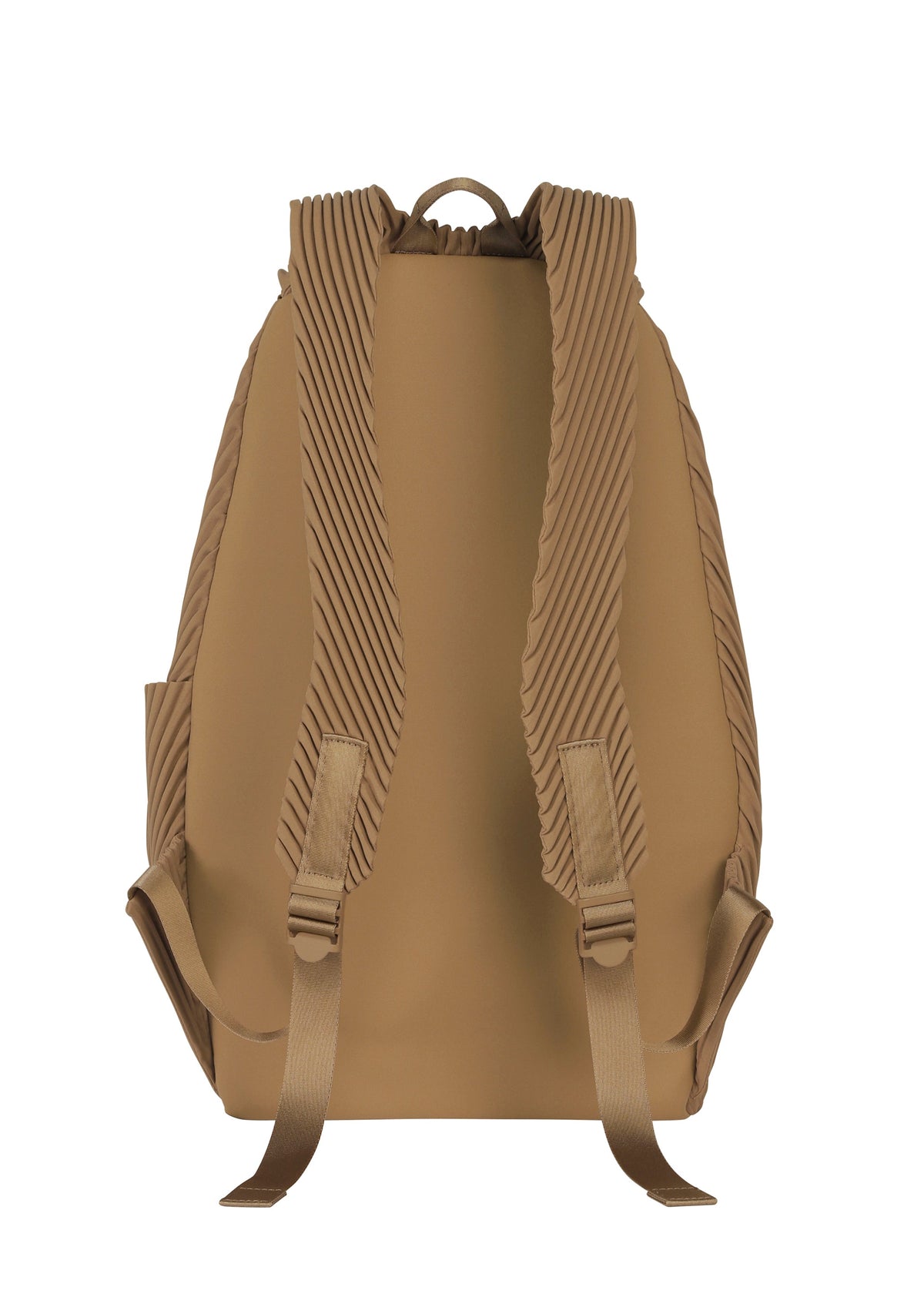 The PLEATS BACKPACK by HOMME PLISSÉ ISSEY MIYAKE in tan is shown from the back, featuring padded ribbed straps, a top handle, and a minimalist design without visible logos or extra pockets. view 2 of 6