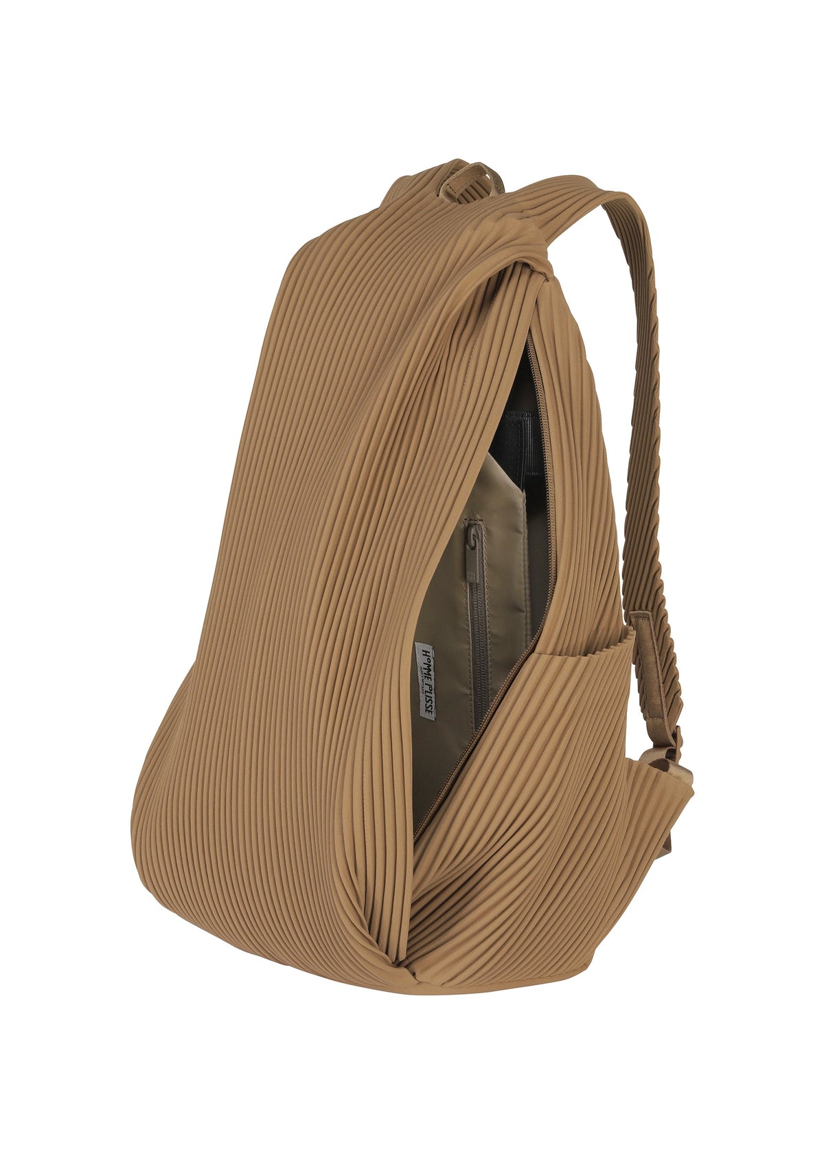 Zoomed view The PLEATS BACKPACK by HOMME PLISSÉ ISSEY MIYAKE features a tan pleated design, unique texture, adjustable straps, and is shown partially unzipped to reveal an interior pocket and beige pouch.