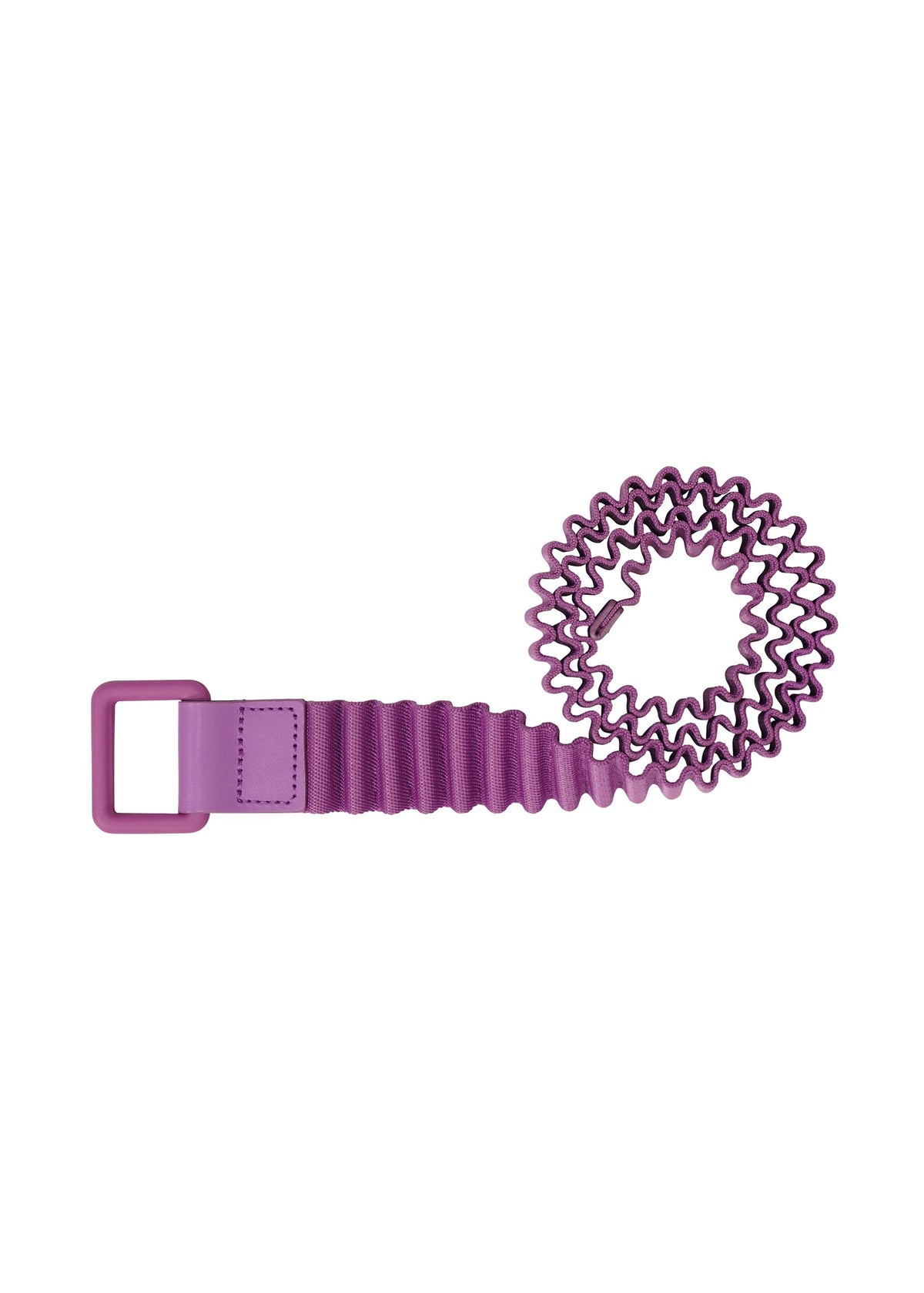 The PLEATS BELT by HOMME PLISSÉ ISSEY MIYAKE is a wavy, purple pleated belt with a matching rectangular buckle, showcasing a textured zigzag design in synthetic material. view 3 of 6