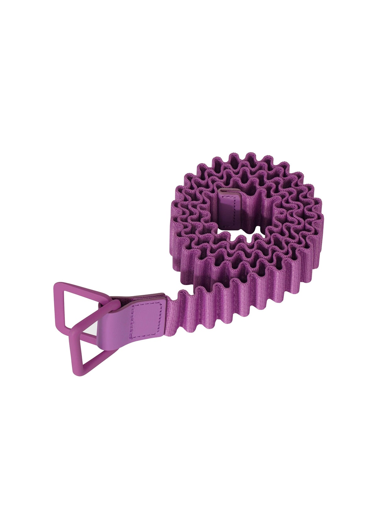 Zoomed view The PLEATS BELT by HOMME PLISSÉ ISSEY MIYAKE features purple pleated, ruffled fabric and a matching triangular buckle—an all-season accessory that brings flair to any outfit.