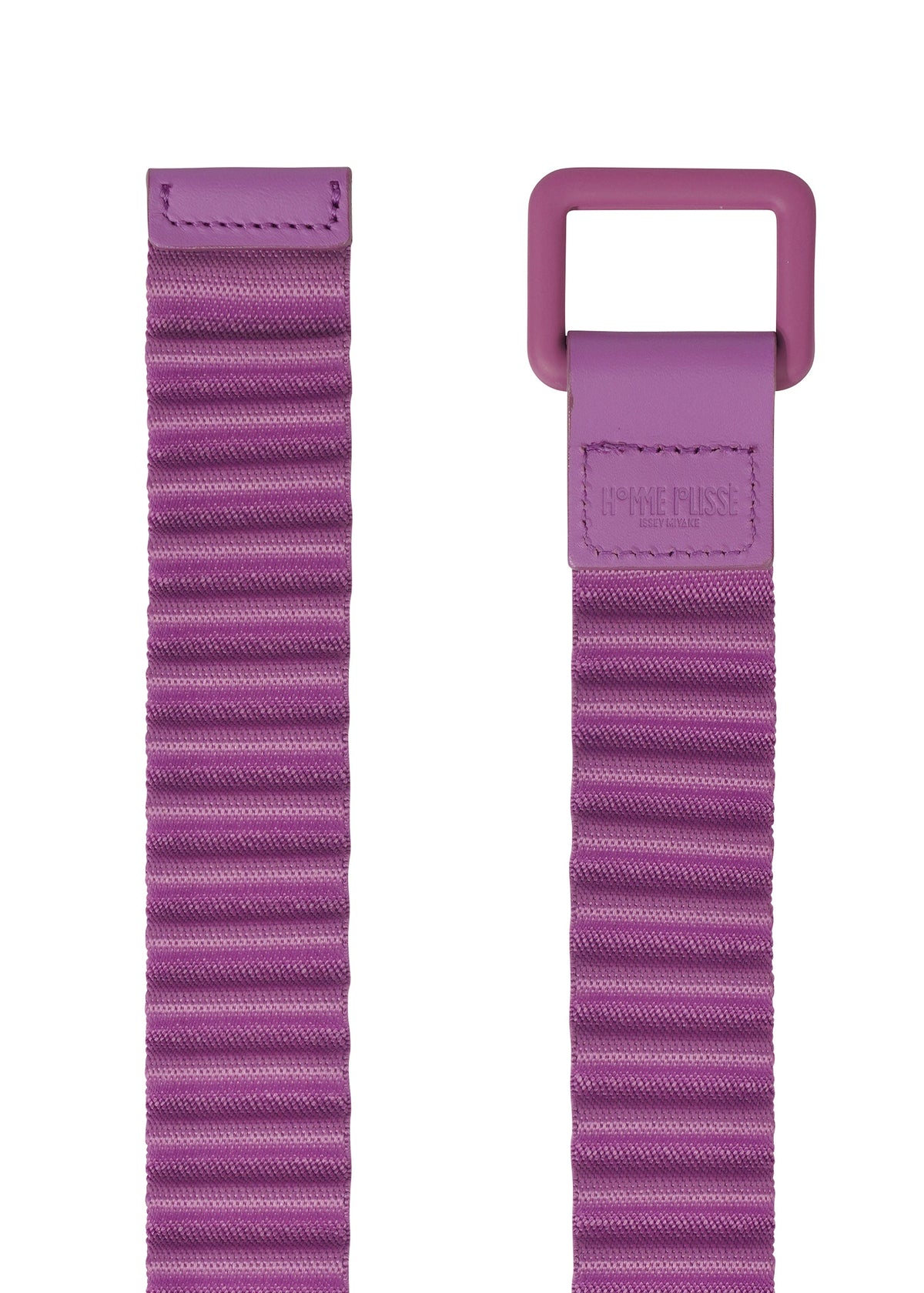 Zoomed view A close-up of the PLEATS BELT by HOMME PLISSÉ ISSEY MIYAKE, featuring pleated purple fabric, a matching rectangular buckle, ribbed texture, and stitched detailing at the ends.