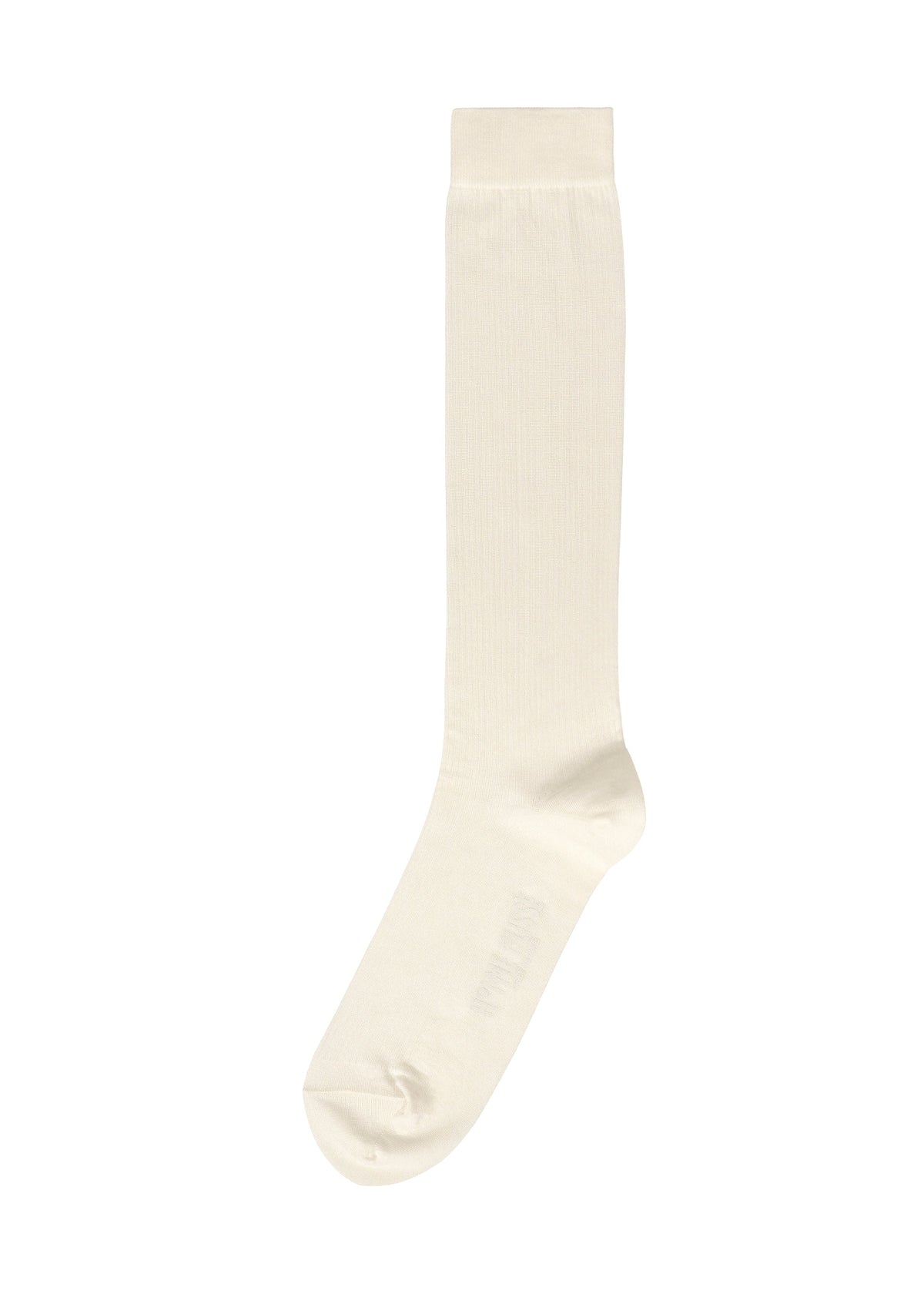 The SIMPLE SOCKS by HOMME PLISSÉ ISSEY MIYAKE is a single, plain white knee-high sock crafted from soft cotton-mix yarn, displayed against a white background. view 1 of 5