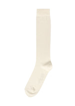 The SIMPLE SOCKS by HOMME PLISSÉ ISSEY MIYAKE is a single, plain white knee-high sock crafted from soft cotton-mix yarn, displayed against a white background. - WHITE （no.01）