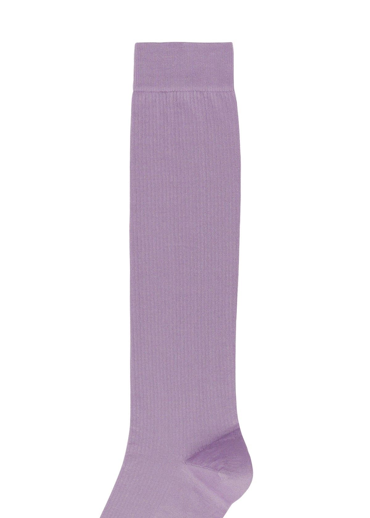 A single SIMPLE SOCKS in lavender, by HOMME PLISSÉ ISSEY MIYAKE, featuring a ribbed cotton-mix texture, displayed upright on a white background. view 4 of 5