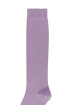 A single SIMPLE SOCKS in lavender, by HOMME PLISSÉ ISSEY MIYAKE, featuring a ribbed cotton-mix texture, displayed upright on a white background.
