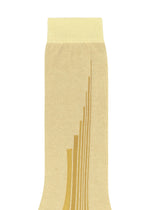 Introducing the RAY SOCKS by HOMME PLISSÉ ISSEY MIYAKE: a single yellow sock with a light cuff, distinguished by several vertical golden-yellow lines that rise from the base, forming an understated ray-inspired pattern evocative of textured knitwear.