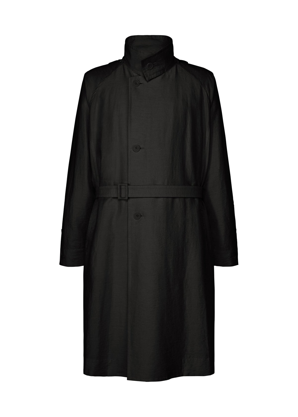The OPACITY trench coat by HOMME PLISSÉ ISSEY MIYAKE is a black, long-sleeve design featuring a high collar, button closure, and belted waist. Crafted from a durable nylon linen blend, it is showcased against a white background. view 1 of 9