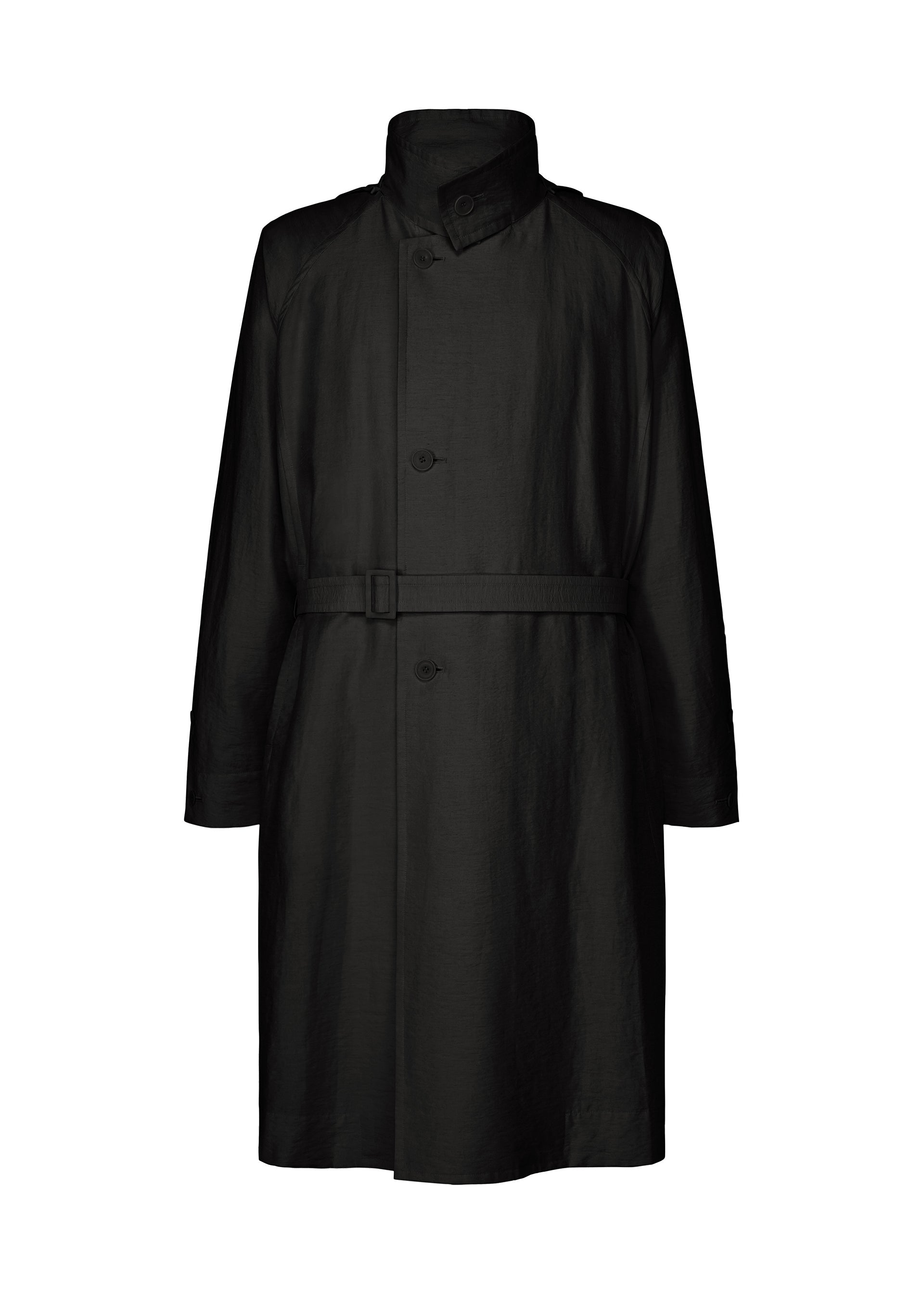 Zoomed view The OPACITY trench coat by HOMME PLISSÉ ISSEY MIYAKE is a black, long-sleeve design featuring a high collar, button closure, and belted waist. Crafted from a durable nylon linen blend, it is showcased against a white background. - BLACK （no.15）