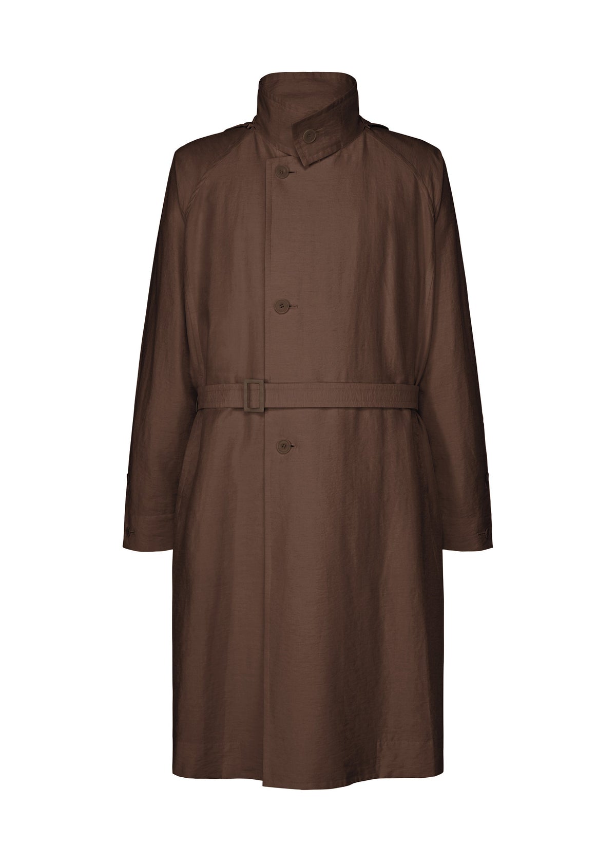 OPACITY by HOMME PLISSÉ ISSEY MIYAKE is a long brown trench coat featuring a high collar, button-down front, belted waist, and long sleeves. Crafted from a durable yet lightweight nylon linen blend, this versatile coat includes a detachable hood and is shown against a plain white background. view 2 of 9