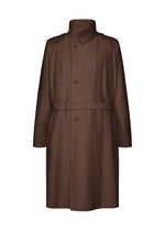OPACITY by HOMME PLISSÉ ISSEY MIYAKE is a long brown trench coat featuring a high collar, button-down front, belted waist, and long sleeves. Crafted from a durable yet lightweight nylon linen blend, this versatile coat includes a detachable hood and is shown against a plain white background. - BROWN （no.44）