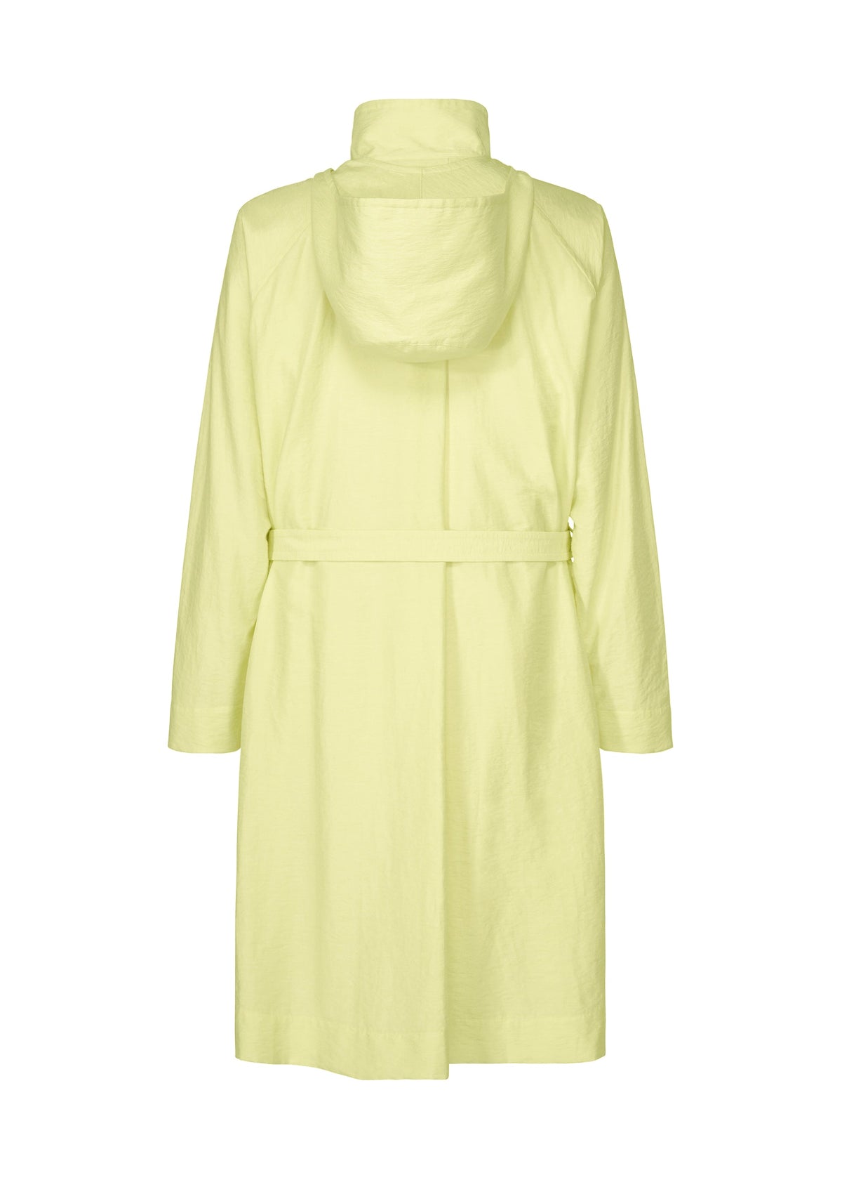 The OPACITY coat by HOMME PLISSÉ ISSEY MIYAKE is a light yellow, knee-length garment featuring long sleeves, a matching belt, and a detachable hood. Crafted from a durable nylon linen blend, it is shown from the back against a white background. view 3 of 9