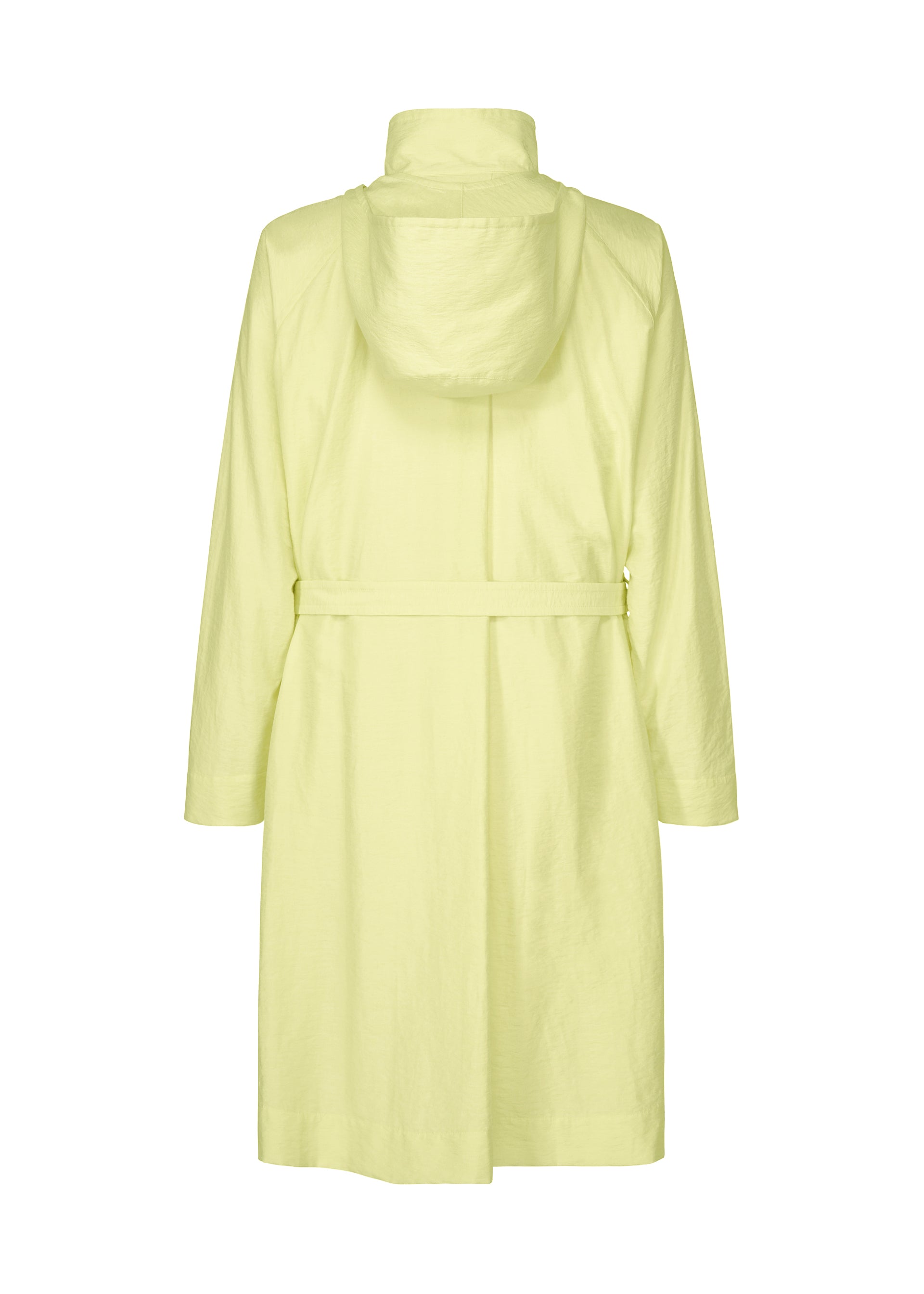 Zoomed view The OPACITY coat by HOMME PLISSÉ ISSEY MIYAKE is a light yellow, knee-length garment featuring long sleeves, a matching belt, and a detachable hood. Crafted from a durable nylon linen blend, it is shown from the back against a white background.