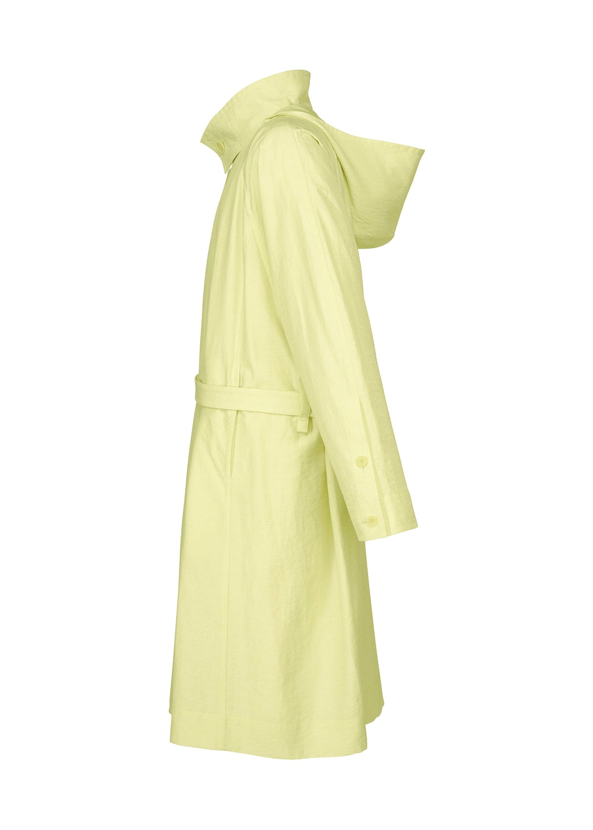 Side view of the OPACITY trench coat by HOMME PLISSÉ ISSEY MIYAKE in light yellow, featuring a belted waist, long sleeves, and a high collar. Made from a lightweight nylon-linen blend and shown against a white background. view 4 of 9