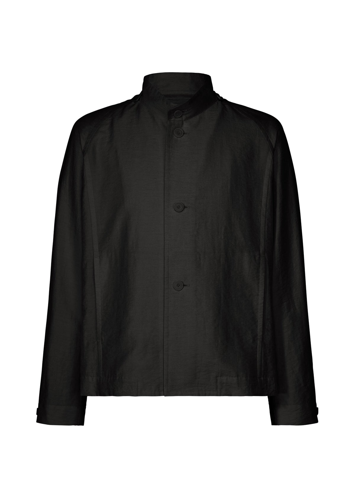 The OPACITY jacket by HOMME PLISSÉ ISSEY MIYAKE is a black, button-up design featuring a stand collar and long sleeves, presented against a white background. Made from a nylon-linen blend, this jacket embodies a minimal and modern aesthetic with no visible pockets or embellishments. view 1 of 6