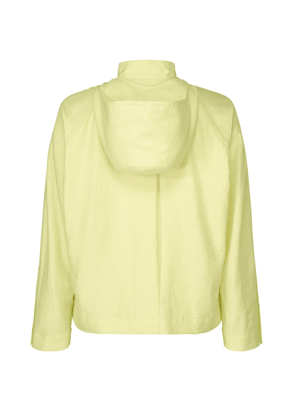 Back view of the OPACITY hooded jacket by HOMME PLISSÉ ISSEY MIYAKE in light yellow, featuring long sleeves and displayed against a plain white background. Made from a lightweight nylon-linen blend, the subtly textured fabric enhances its stylish appeal. view 3 of 6