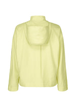 Back view of the OPACITY hooded jacket by HOMME PLISSÉ ISSEY MIYAKE in light yellow, featuring long sleeves and displayed against a plain white background. Made from a lightweight nylon-linen blend, the subtly textured fabric enhances its stylish appeal.
