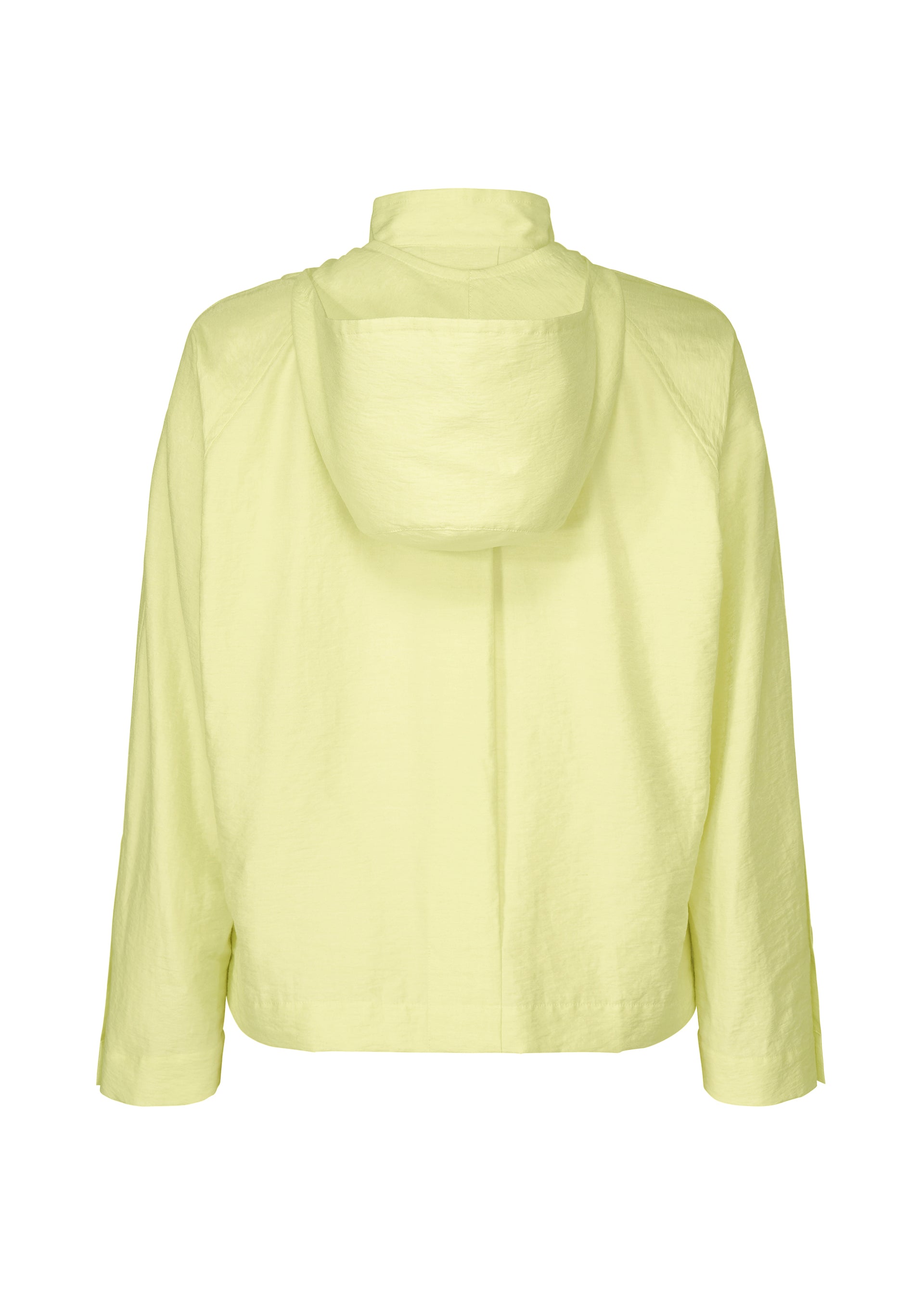 Zoomed view Back view of the OPACITY hooded jacket by HOMME PLISSÉ ISSEY MIYAKE in light yellow, featuring long sleeves and displayed against a plain white background. Made from a lightweight nylon-linen blend, the subtly textured fabric enhances its stylish appeal.